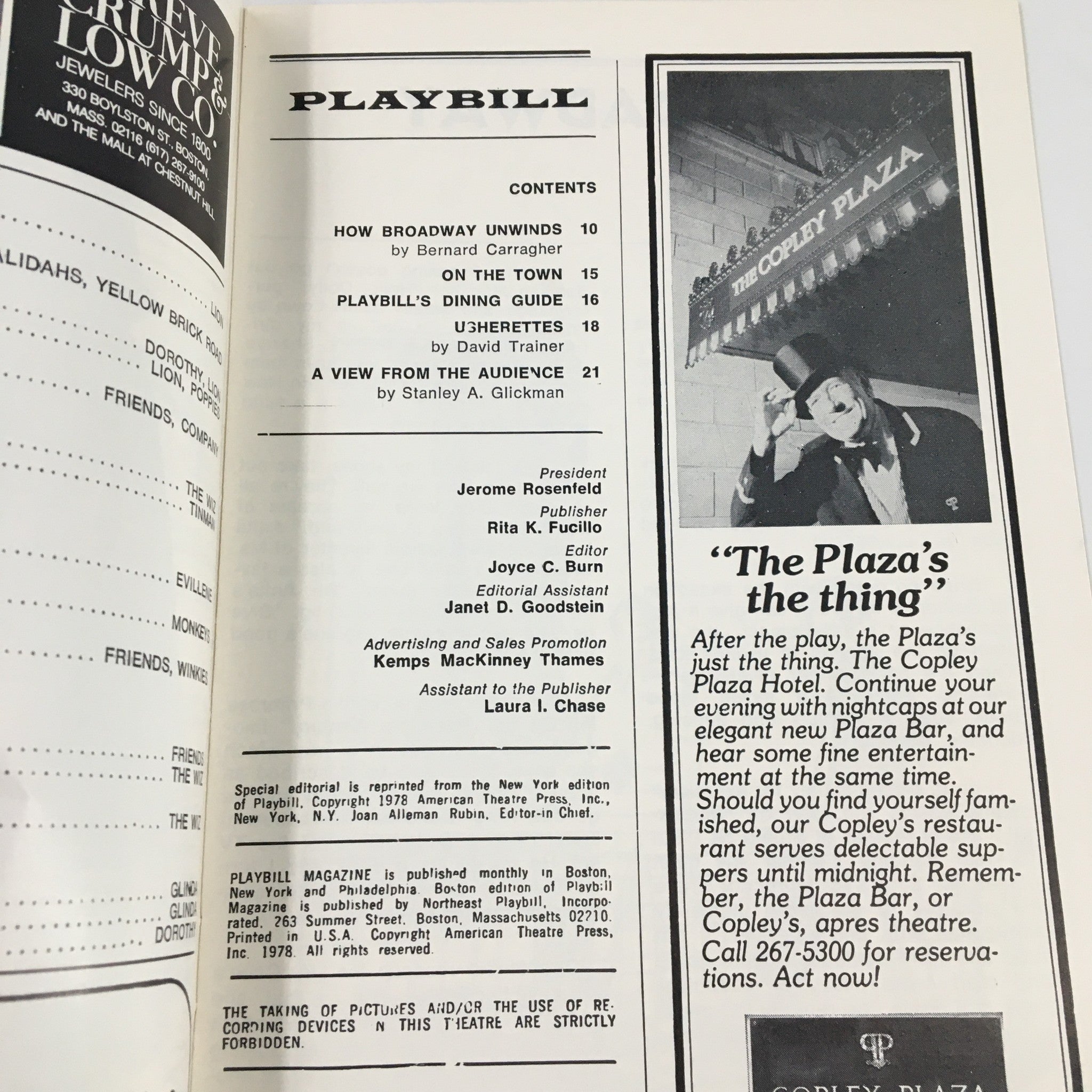 Another interior page from the 1978 Playbill for The Wiz at Shubert Theatre, containing advertisements and additional information about the theatre.