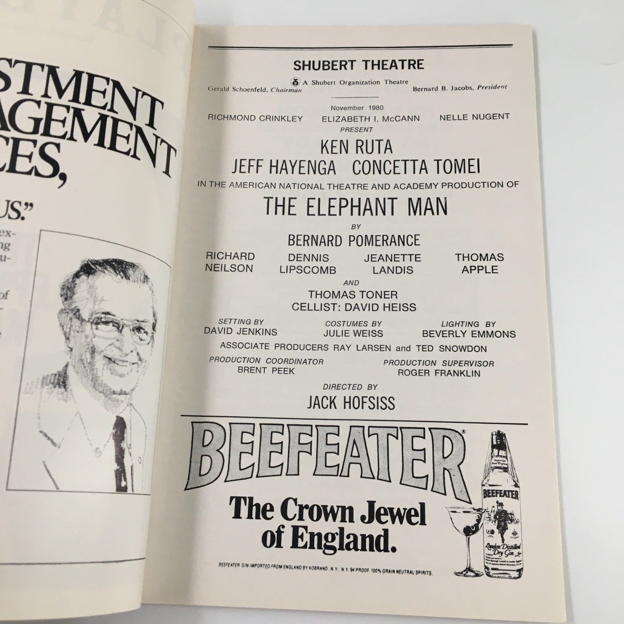 1980 Playbill Shubert Theatre Ken Ruta in The Elephant Man by Jack Hofsiss