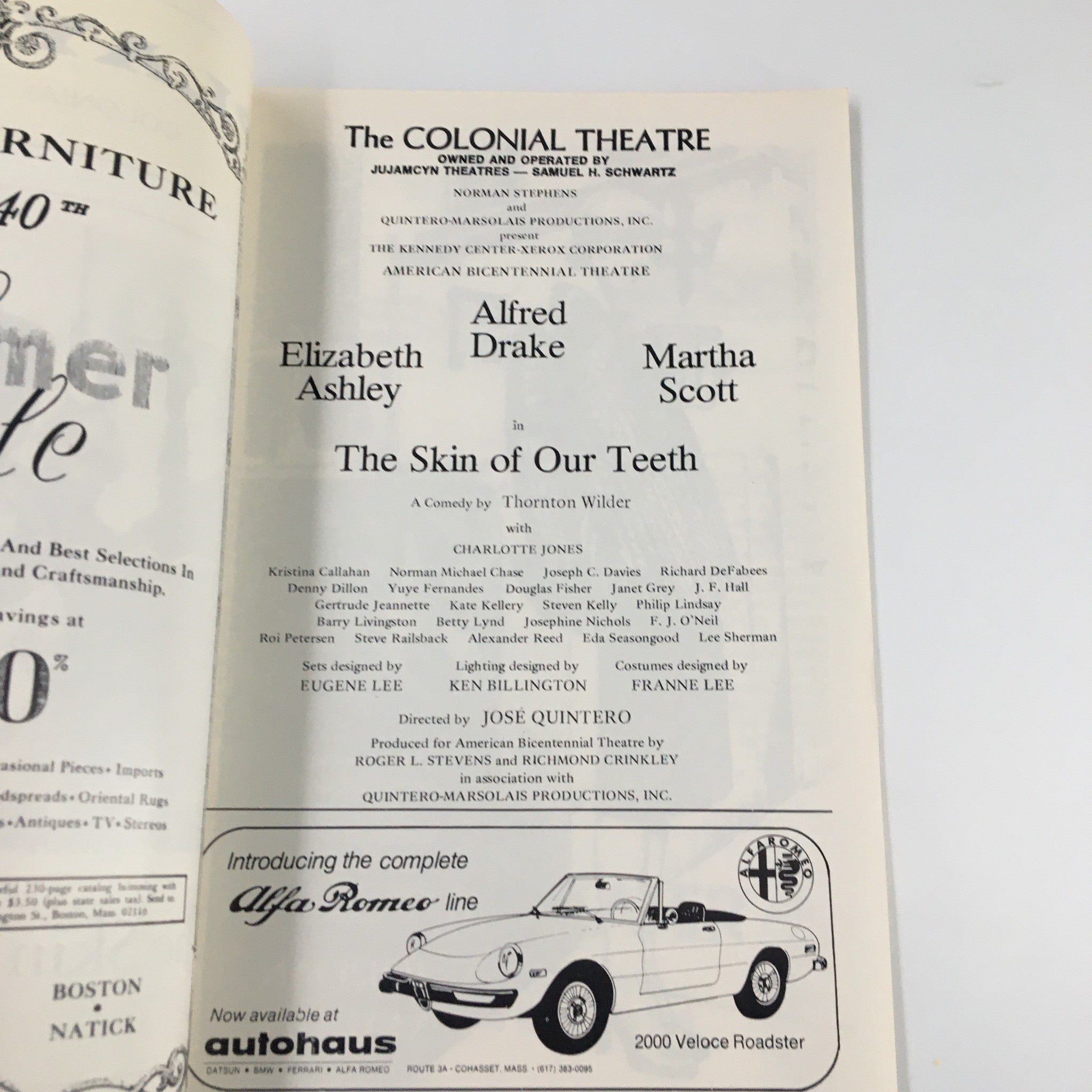 1975 Playbill The Colonial Theatre Elizabeth Ashley in The Skin of Our Teeth