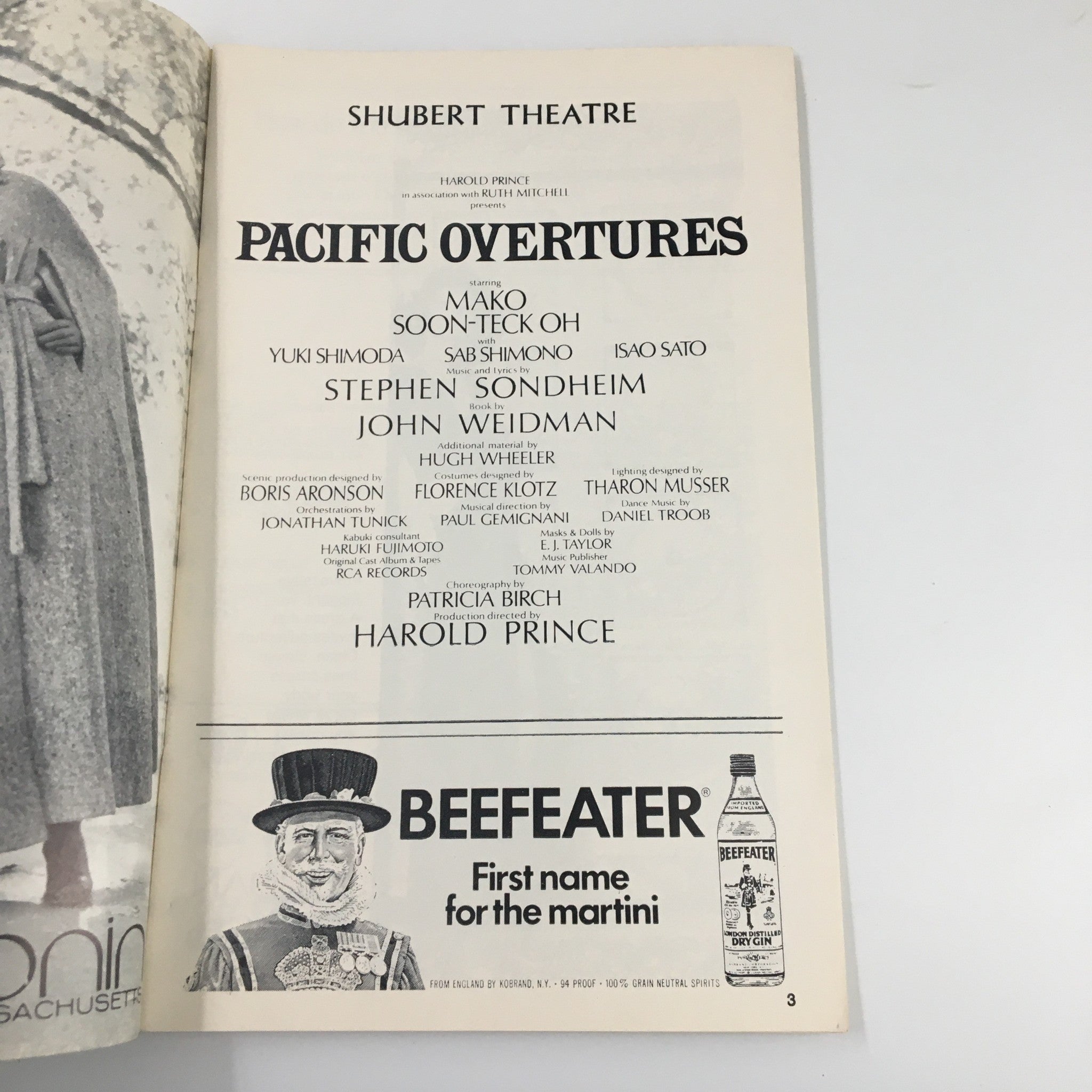 Inside page of the 1975 Playbill for Pacific Overtures, showcasing cast and creative team details, highlighting Mako and Soon-Teck Oh.
