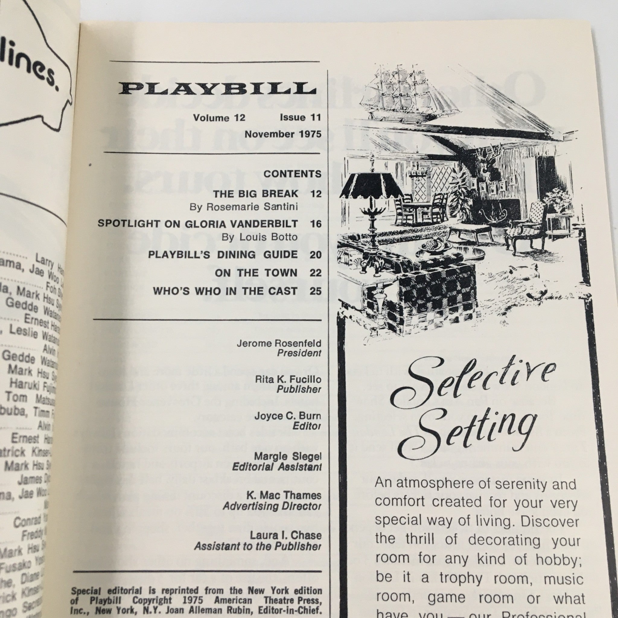 1975 Playbill showcasing the contents page with articles and features, associated with Pacific Overtures at the Shubert Theatre.
