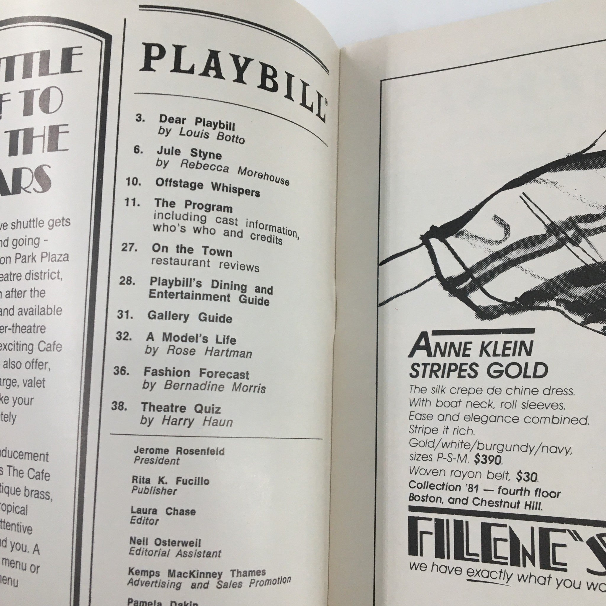 Inside view of a 1981 Playbill for 'The Curse of Kulyenchikov' featuring various articles and advertisements.