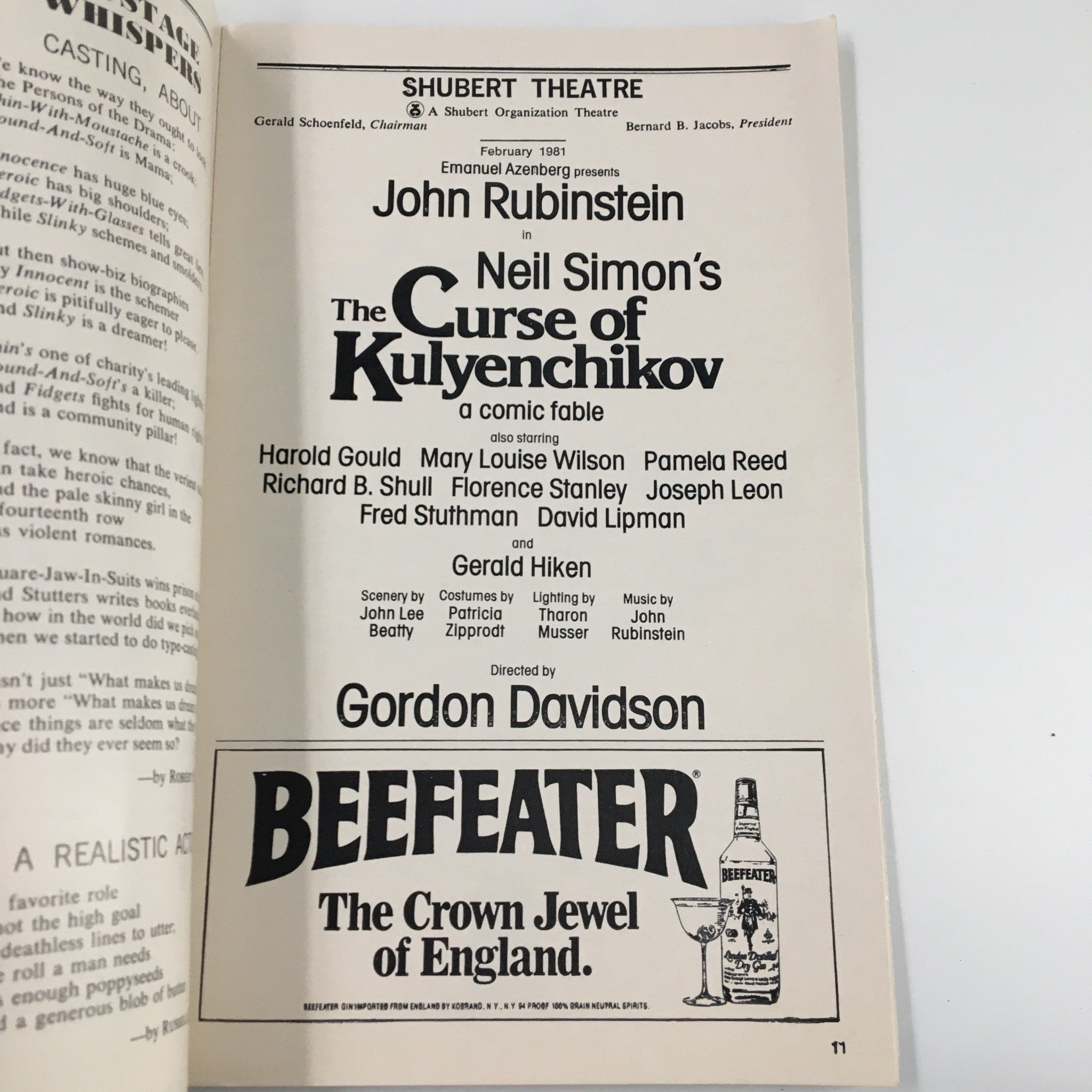 Title page of the 1981 Playbill at Shubert Theatre, presenting John Rubinstein in 'The Curse of Kulyenchikov' with actor listings.