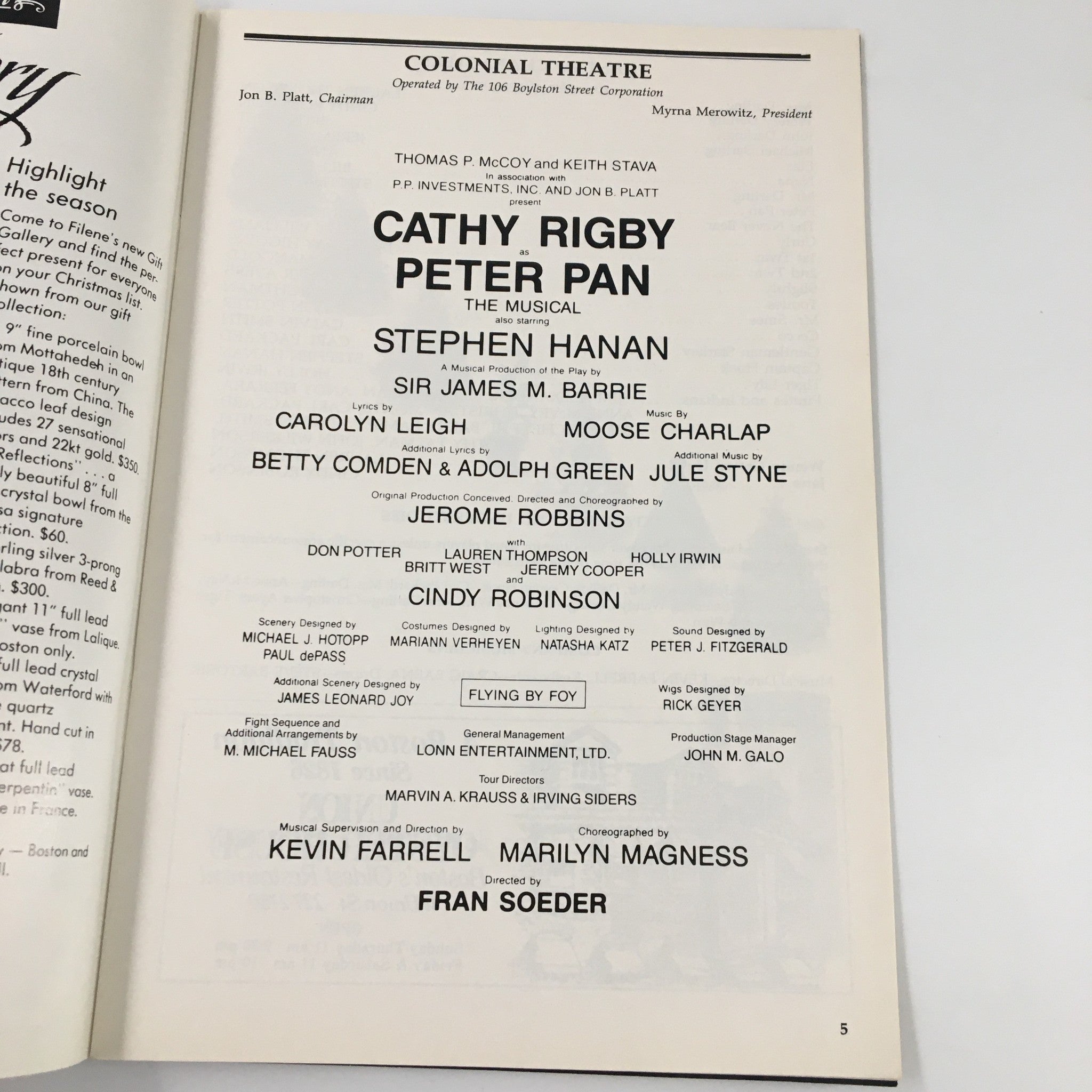 1989 Playbill Colonial Theatre Cathy Rigby in Peter Pan by Fran Soeder VG