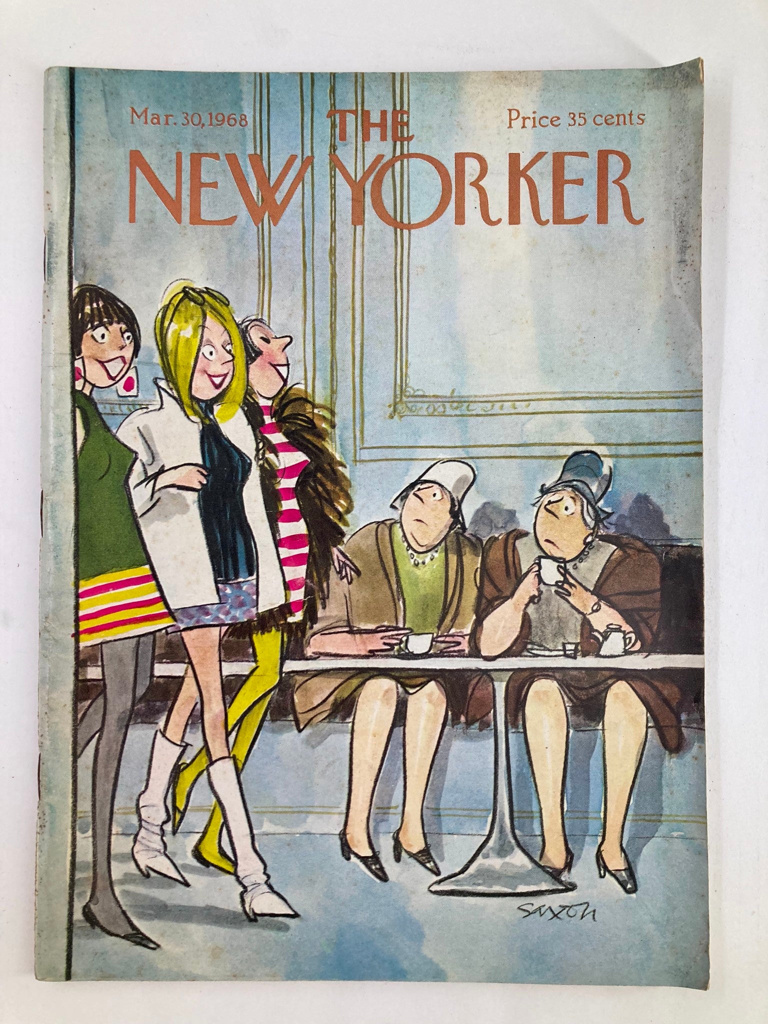 Cover of The New Yorker magazine, March 30, 1968, featuring a colorful illustration by C. Saxon, depicting stylish women and a café setting.