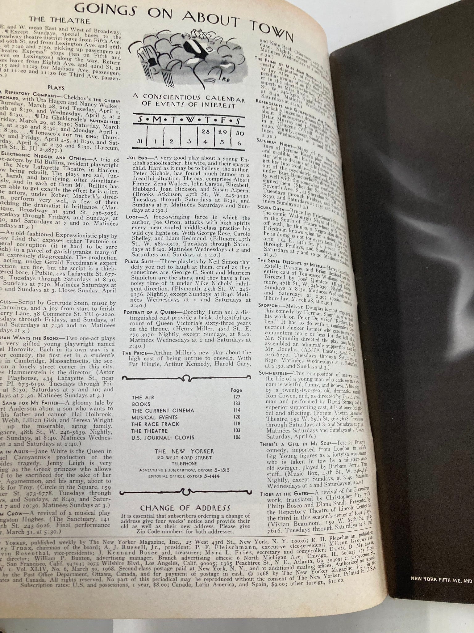Interior page of The New Yorker magazine, March 30, 1968, displaying the events calendar and listings for theater performances.