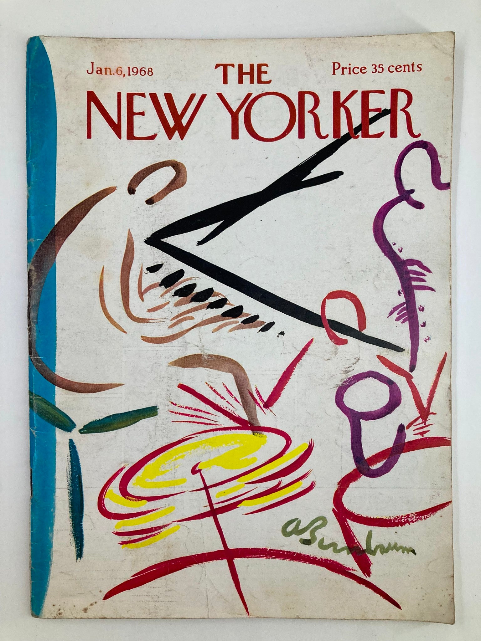 Cover of The New Yorker Full Magazine January 6 1968 featuring artwork 'Music Lines' by A. Birnbaum, illustrated with colorful abstract designs.