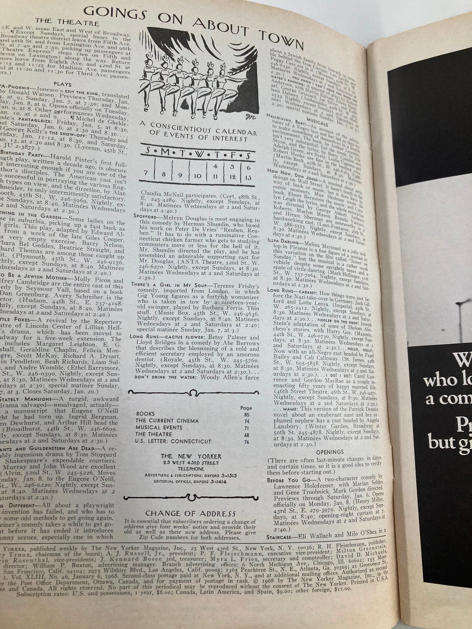 Interior page of The New Yorker Full Magazine January 6 1968 showcasing the 'Goings On About Town' section with listings of events and plays.