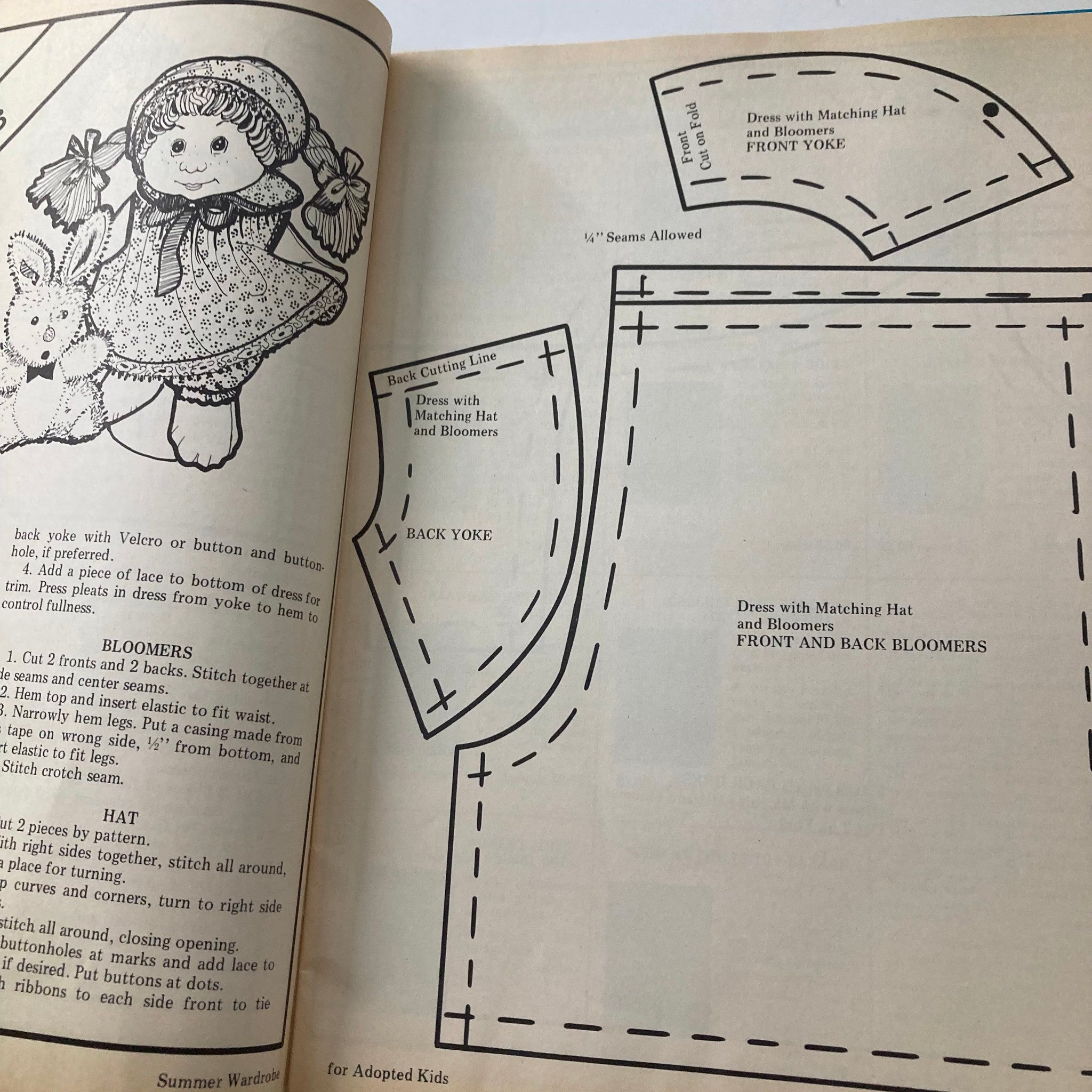 Page from VTG Doll World Magazine 1985 #2 displaying patterns and instructions for creating doll clothing, focused on a matching dress and hat.