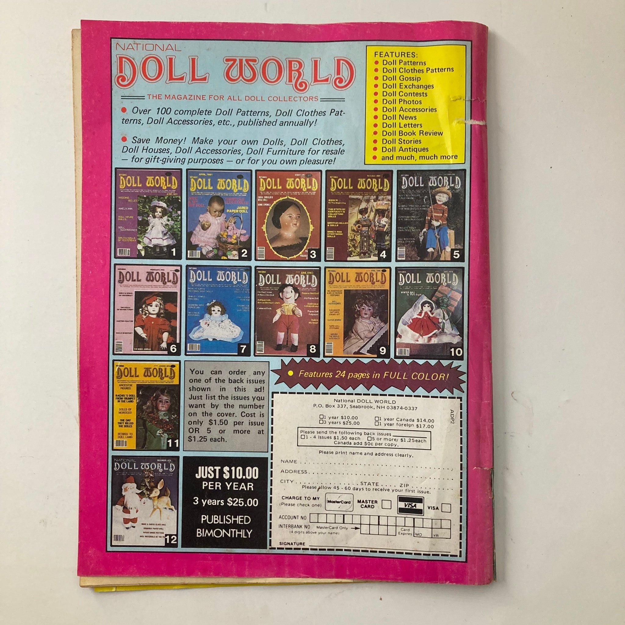 Cover of VTG Doll World Magazine 1985 #2 Summer Wardrobe for Adopted Kids, featuring various doll patterns and colorful advertisements related to doll collecting. The magazine highlights doll clothing trends and includes various past issues from the series.