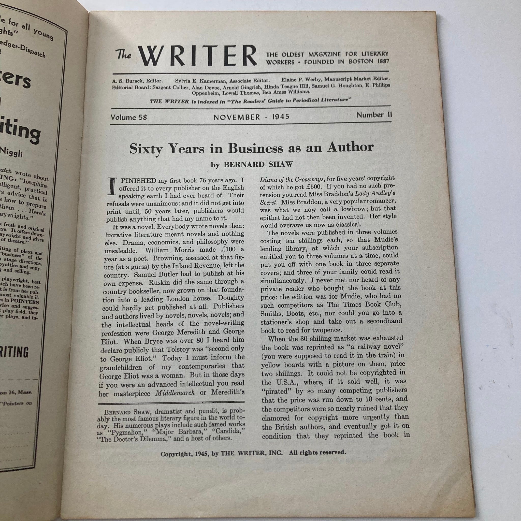 VTG The Writer Magazine November 1945 Vol 58 No. 11 For Verse Writers No Label