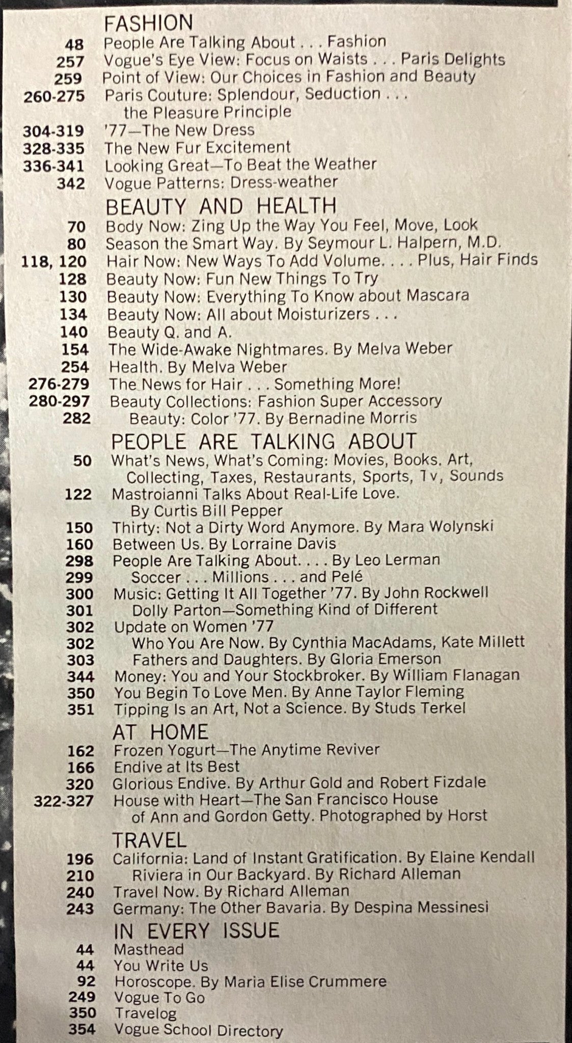 Table of contents page from Vogue Magazine October 1977, listing articles and sections about fashion and beauty trends of the era.