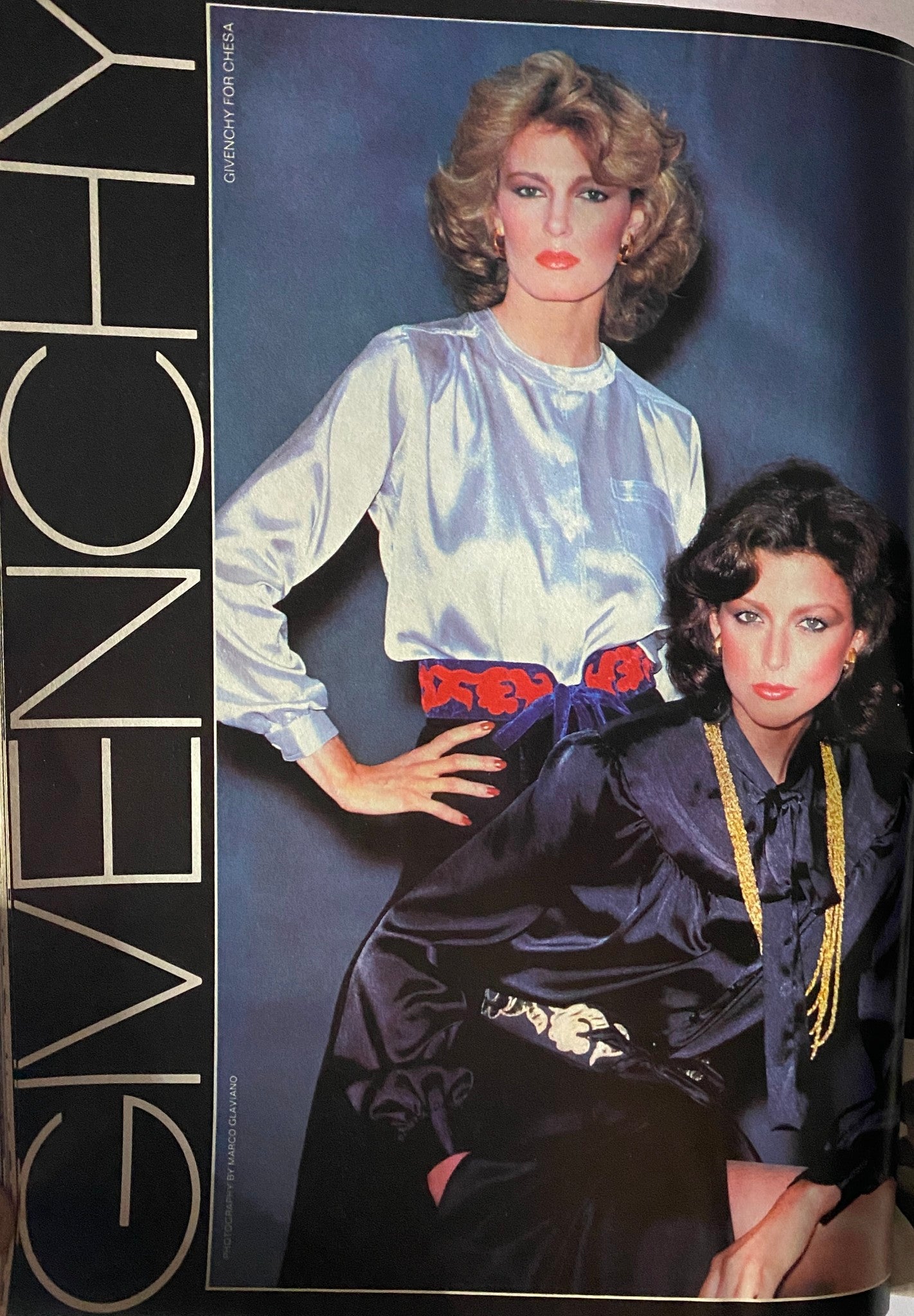 Fashion spread showcasing Givenchy designs from Vogue Magazine October 1977, displaying bold styles and elegant ensembles.