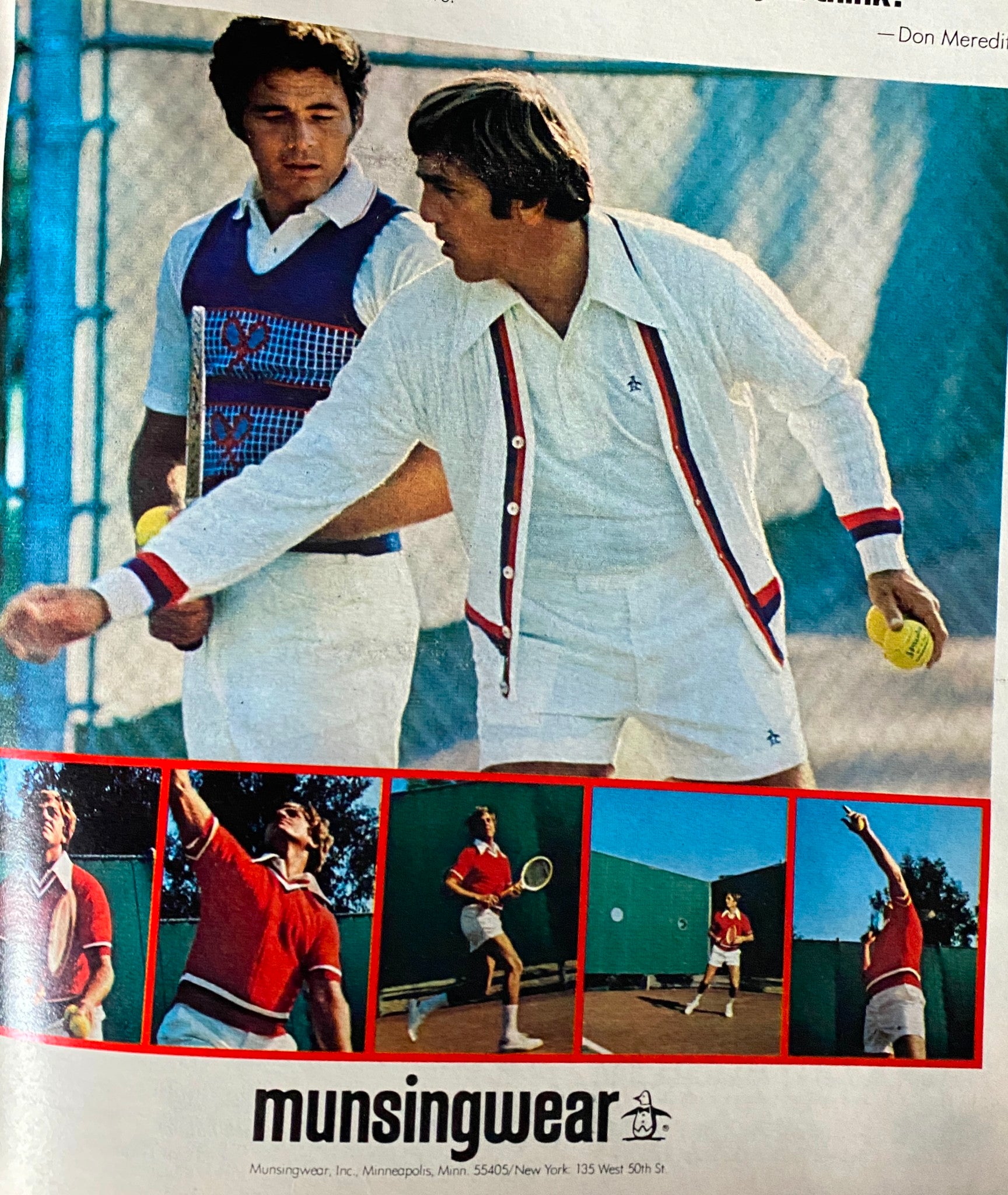 Inside page of Esquire Magazine April 1973 displaying a tennis fashion advert for Munsingwear, featuring men in stylish sportswear.