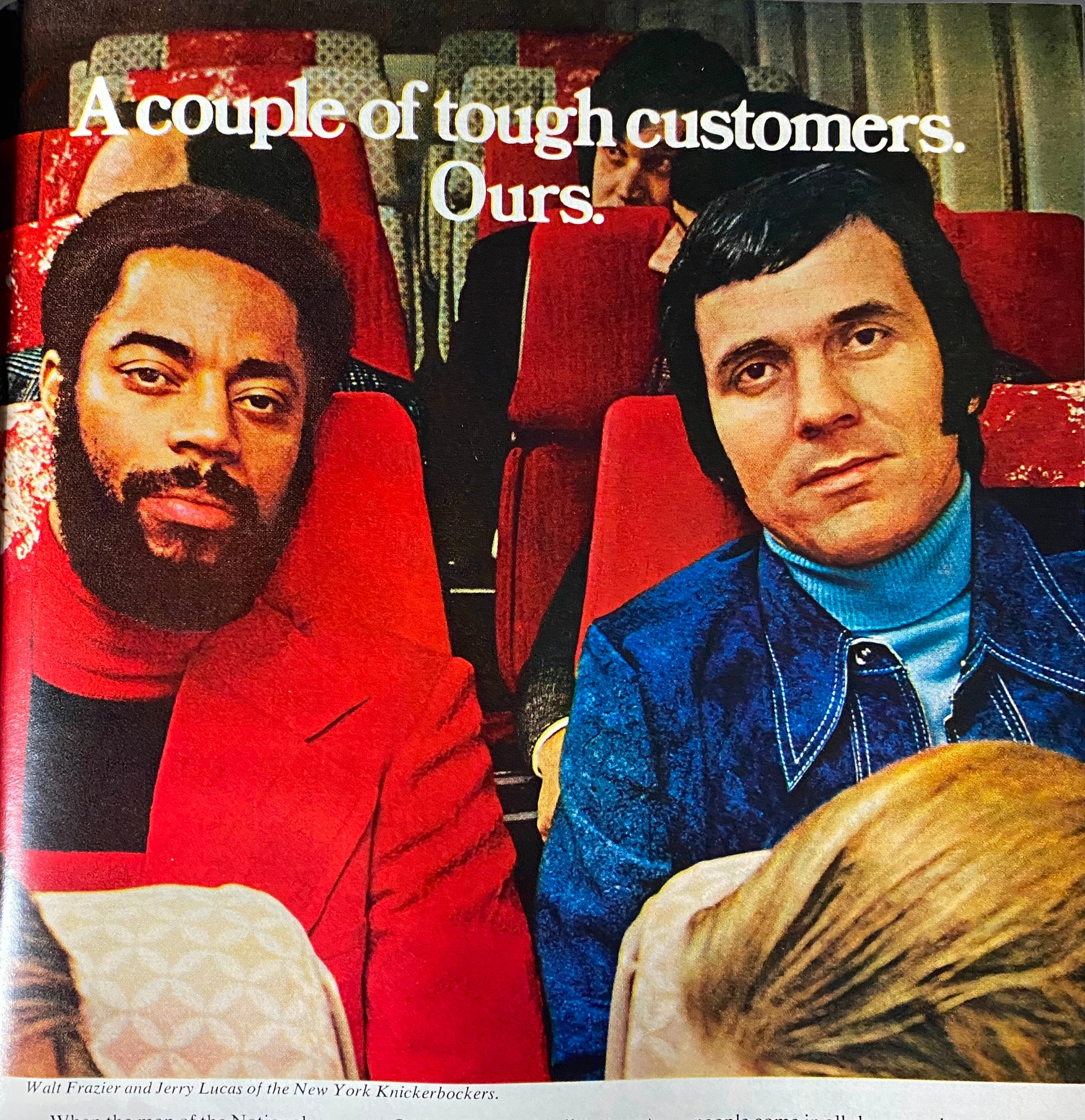 Page from Esquire Magazine April 1973 featuring an image of Walt Frazier and Jerry Lucas, two basketball stars, with a focus on their 70s fashion.