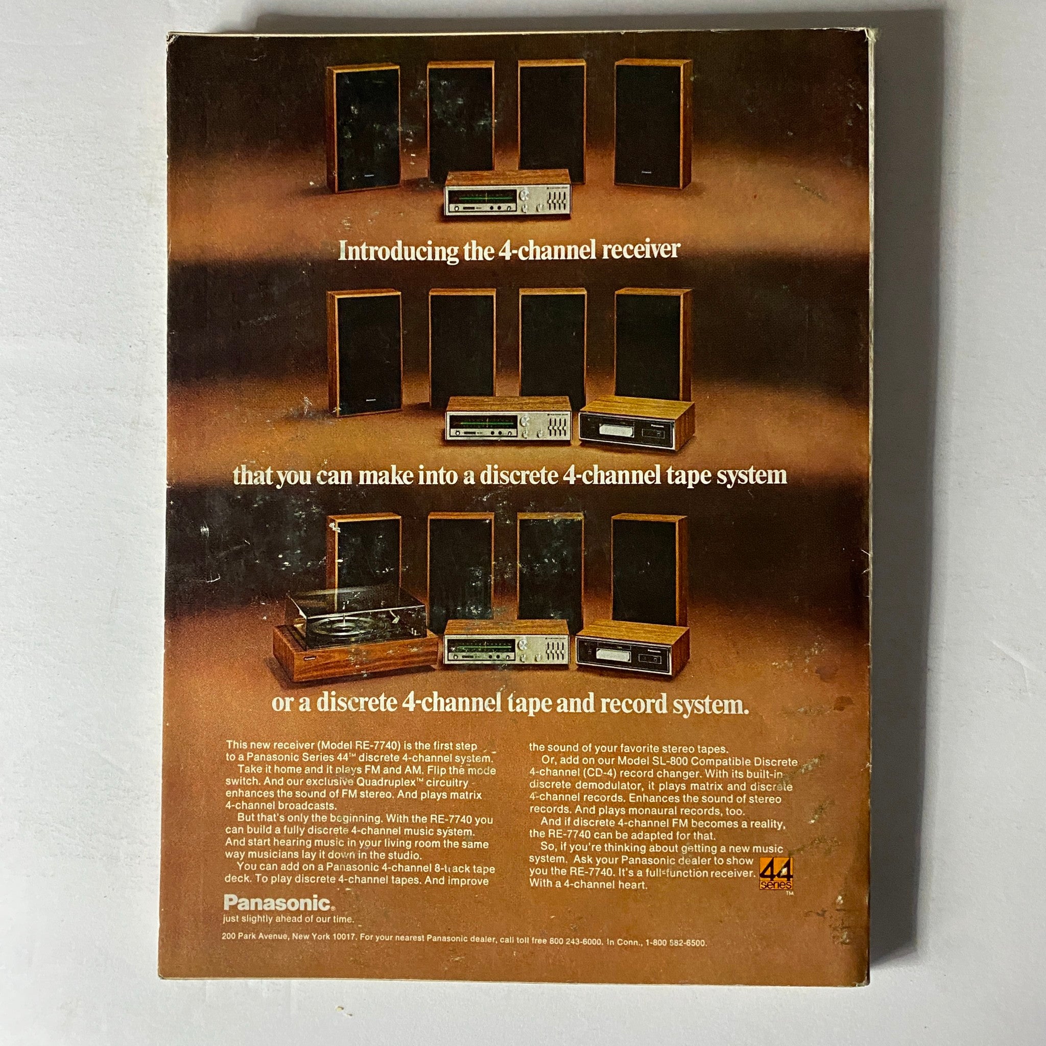 The back cover of Esquire Magazine April 1973 promoting Panasonic's 4-channel receiver system, highlighting vintage audio technology.