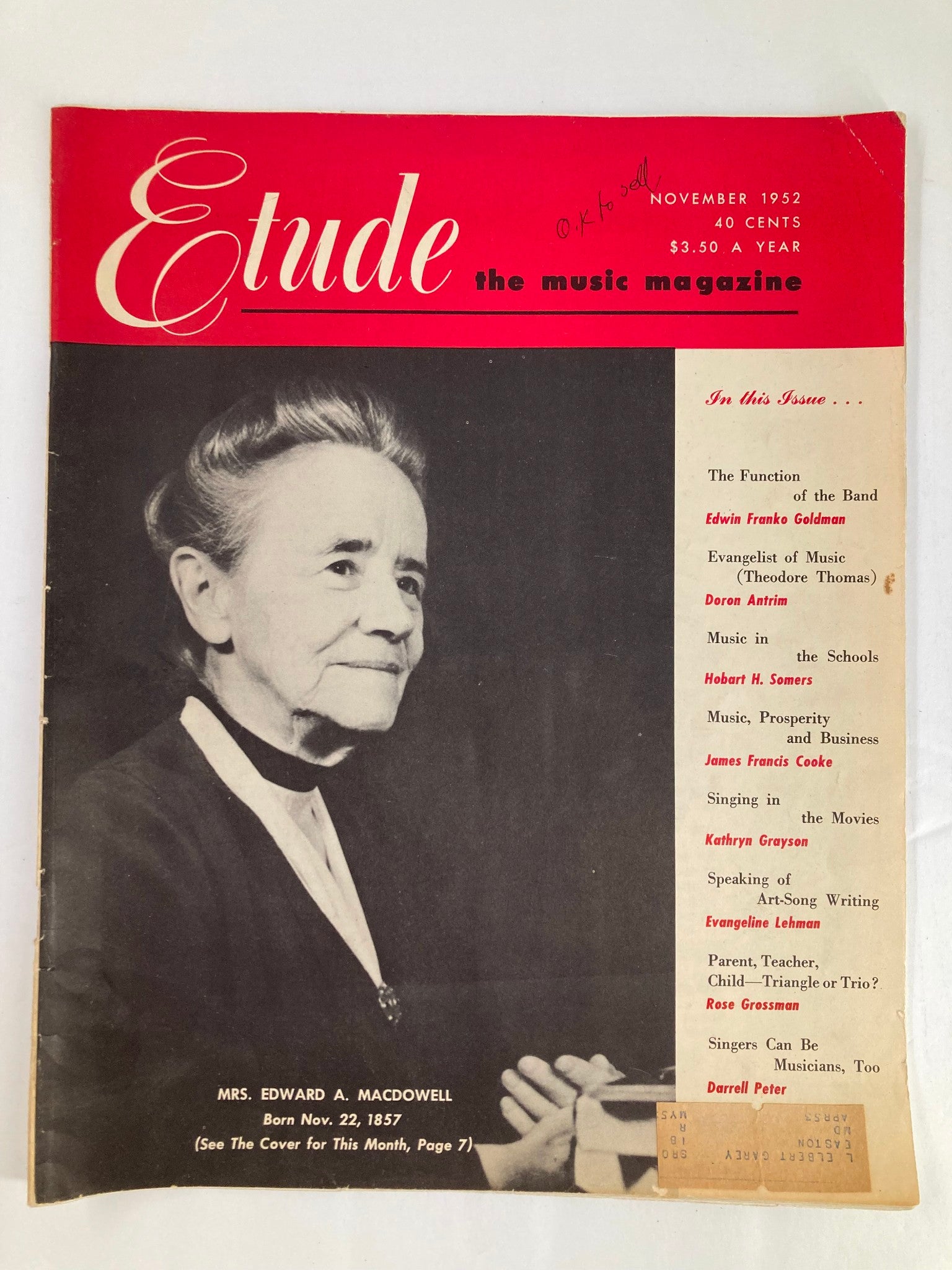 VTG Etude The Music Magazine November 1952 Vol 70 #11 Mrs. Edward A, MacDowell