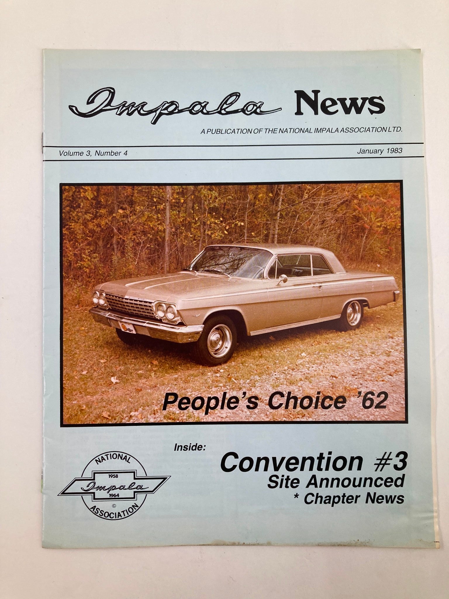 Cover of VTG Impala News Magazine January 1983 Vol 3 #4 titled 'Honk Your Horn', featuring a classic silver 1962 Chevrolet Impala parked in a wooded area.