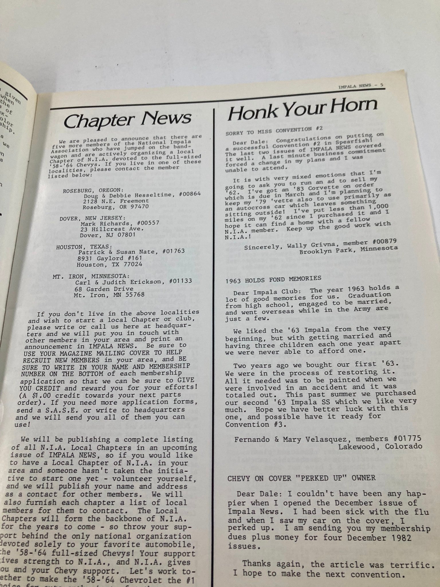 Inside page of VTG Impala News Magazine January 1983 Vol 3 #4 titled 'Honk Your Horn', displaying Chapter News and a note about missed conventions.