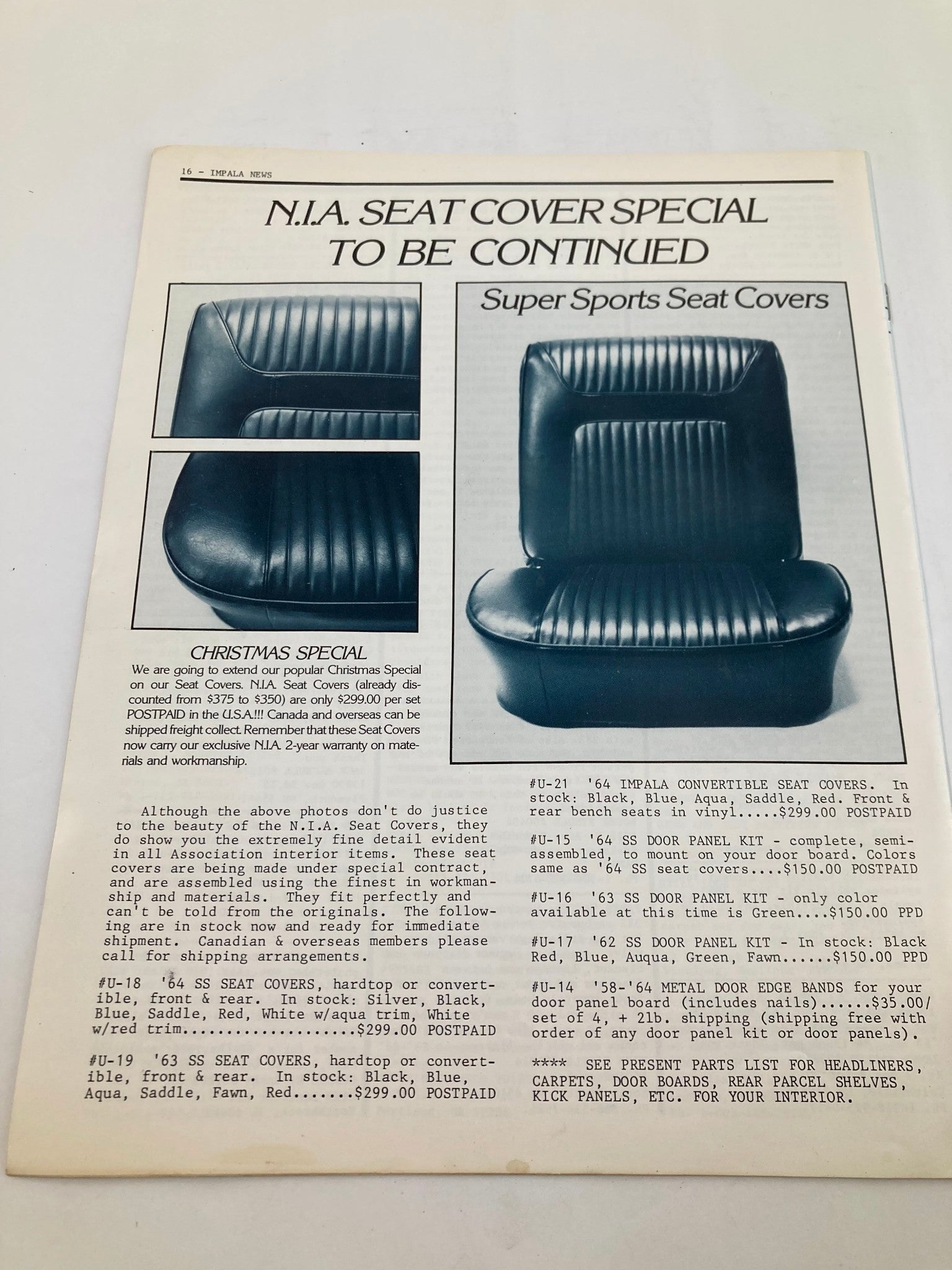 Page from VTG Impala News Magazine January 1983 Vol 3 #4 titled 'Honk Your Horn' featuring a N.I.A. Seat Cover Special advertisement showcasing Super Sports Seat Covers, with detailed descriptions of seat cover options for classic cars.