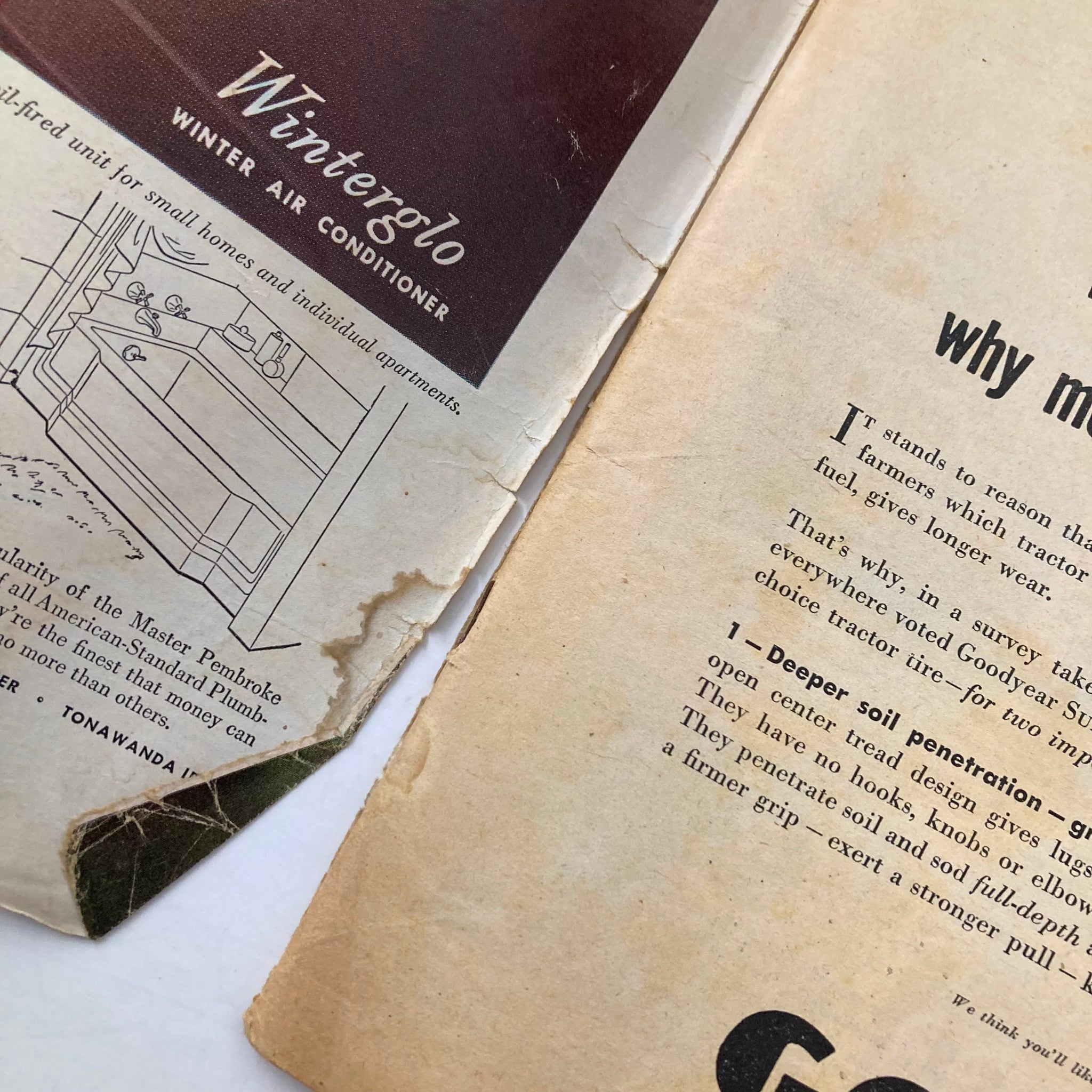 Interior pages of The Progressive Farmer Magazine December 1949 displaying advertisements and articles on agricultural practices from the 1940s.