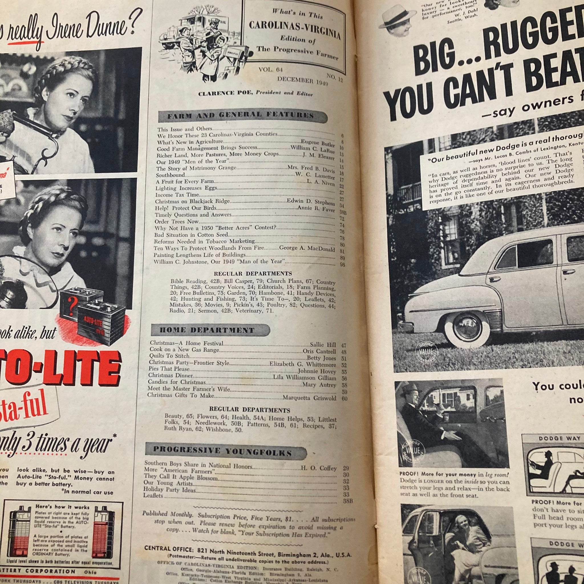 Inside pages of VTG The Progressive Farmer Magazine December 1949 featuring articles, advertisements, and vintage illustrations related to agriculture and rural life.