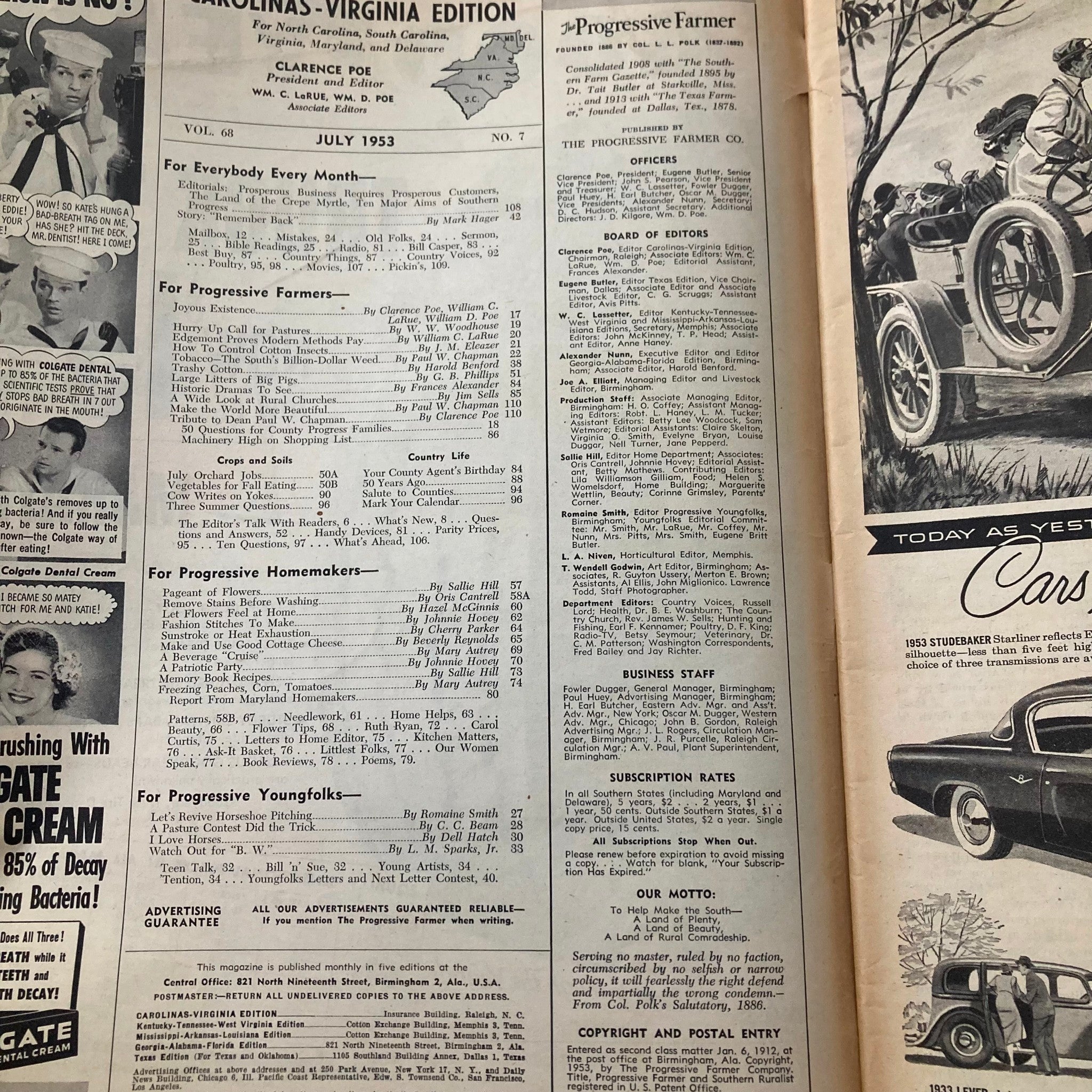 Inside page of VTG The Progressive Farmer Magazine July 1953 displaying the table of contents and editorial staff.
