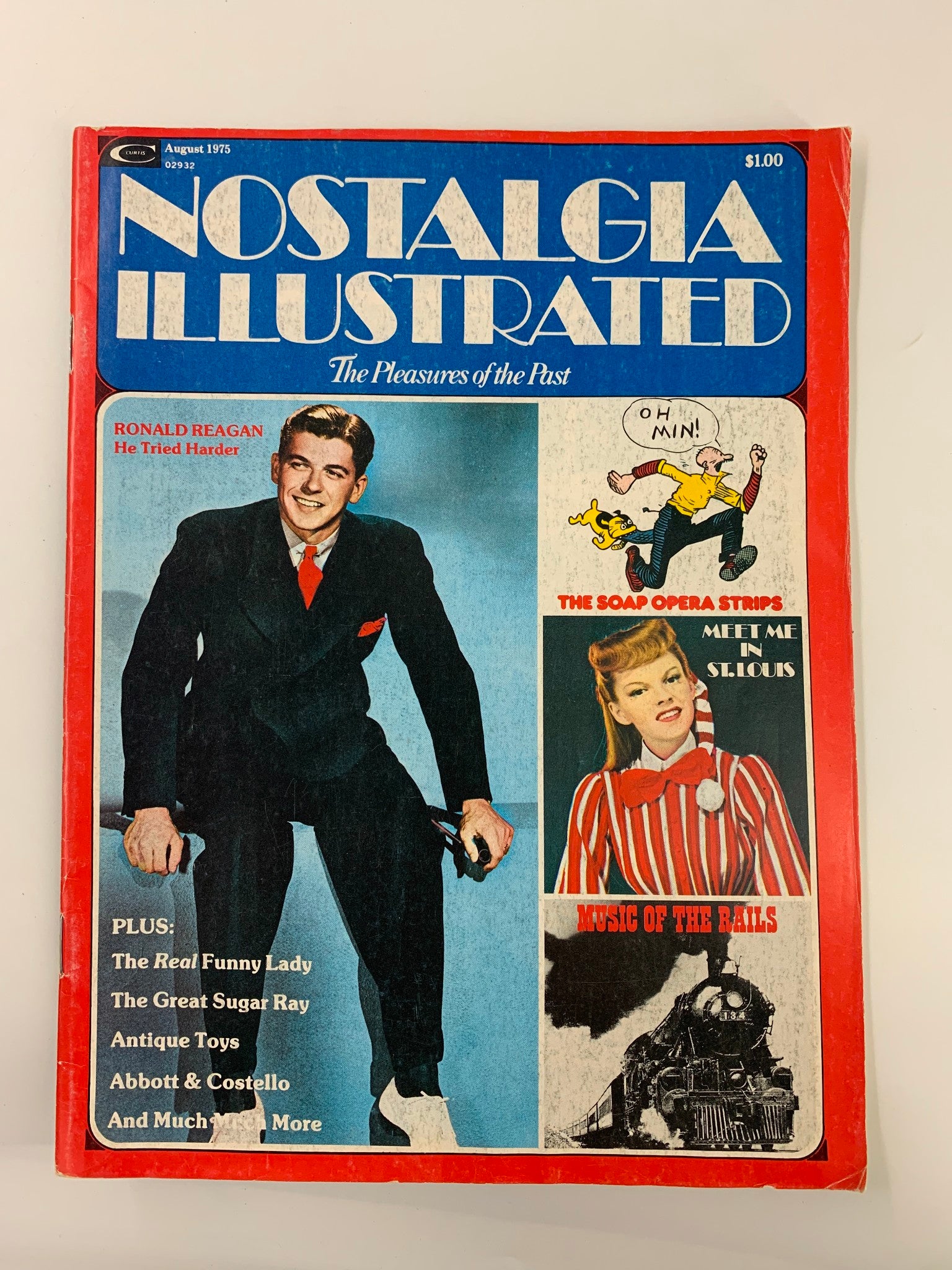 VTG Nostalgia Illustrated Magazine August 1975 featuring Ronald Reagan on the cover with a vibrant blue background and highlights on articles like The Great Sugar Ray and The Real Funny Lady.
