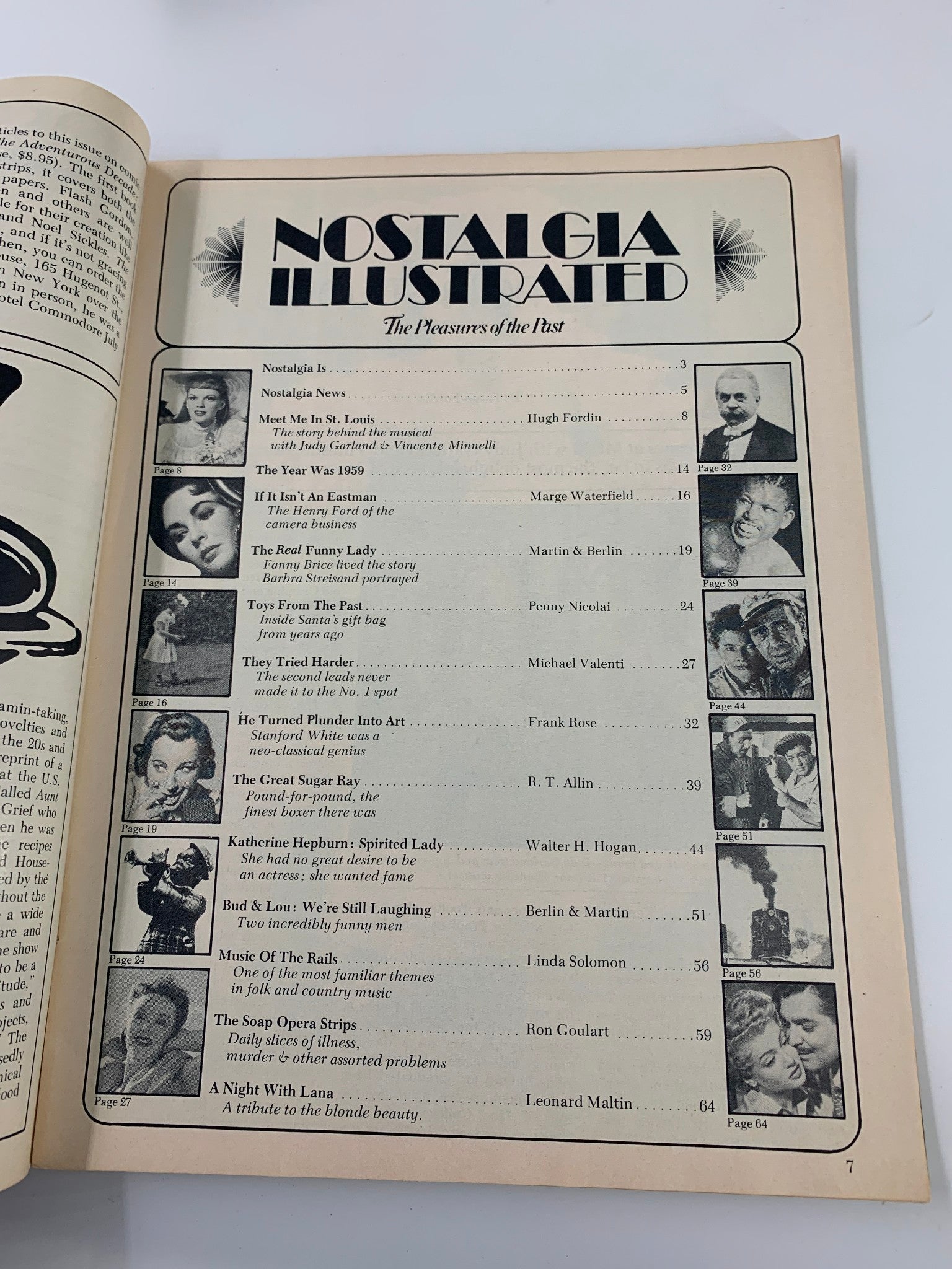 Contents page of VTG Nostalgia Illustrated Magazine August 1975, listing feature articles including 'Meet Me in St. Louis' and 'The Great Sugar Ray' with a nostalgic design.