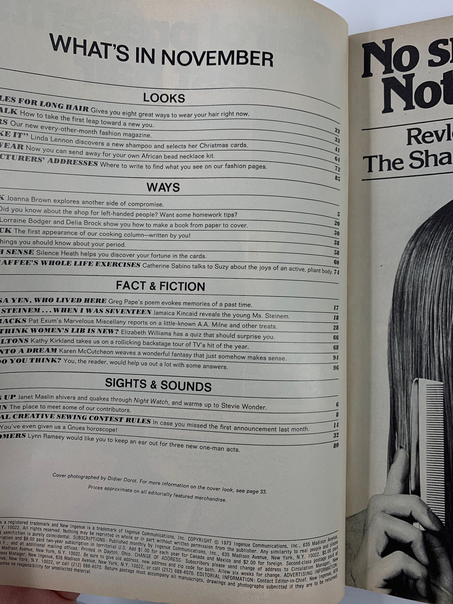 VTG The New Ingenue Magazine November 1973 Gloria Steinem, Suze Chaffee No Label