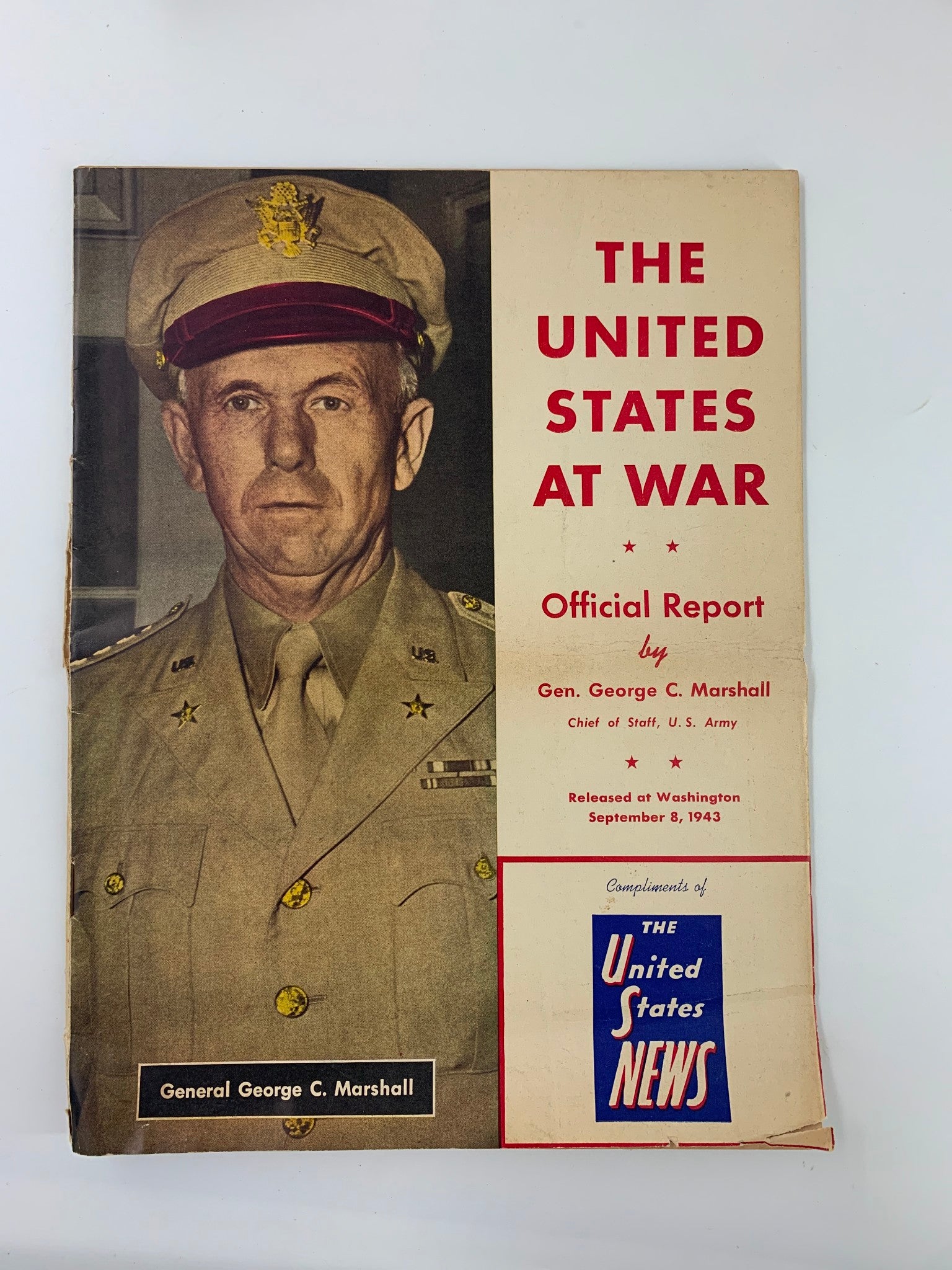 Cover of The United States News Magazine, September 8, 1943, featuring General George C. Marshall in military uniform and text stating 'The United States at War'.