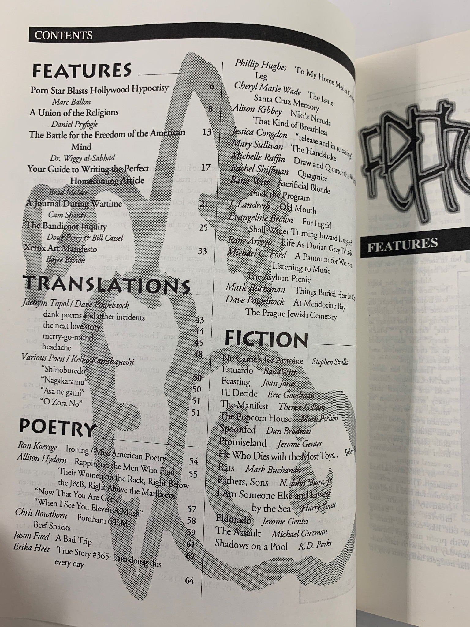 Contents page of VTG Bandicoot Magazine Vol. 1 No. 1 showcasing various articles, features, and poetry in the magazine, including contributions from notable writers.