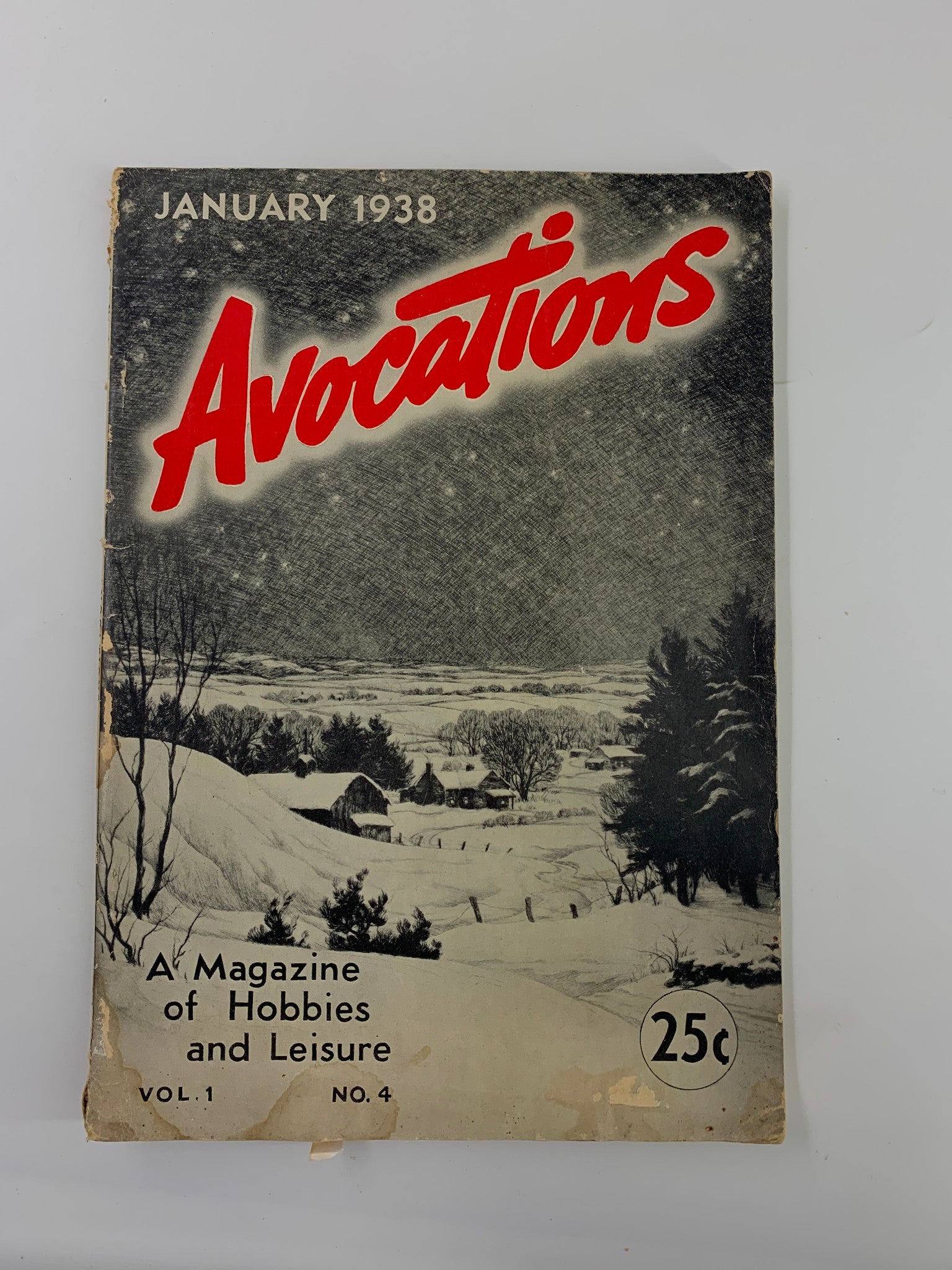 Cover of VTG Avocations Magazine January 1938 featuring the title in bold red letters and a snow-covered landscape illustration.