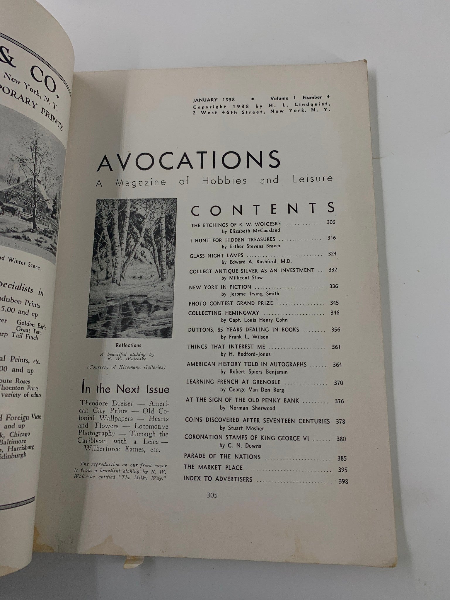 Interior page of VTG Avocations Magazine January 1938 displaying the table of contents, showcasing articles including the etchings of R.W. Woiceske.
