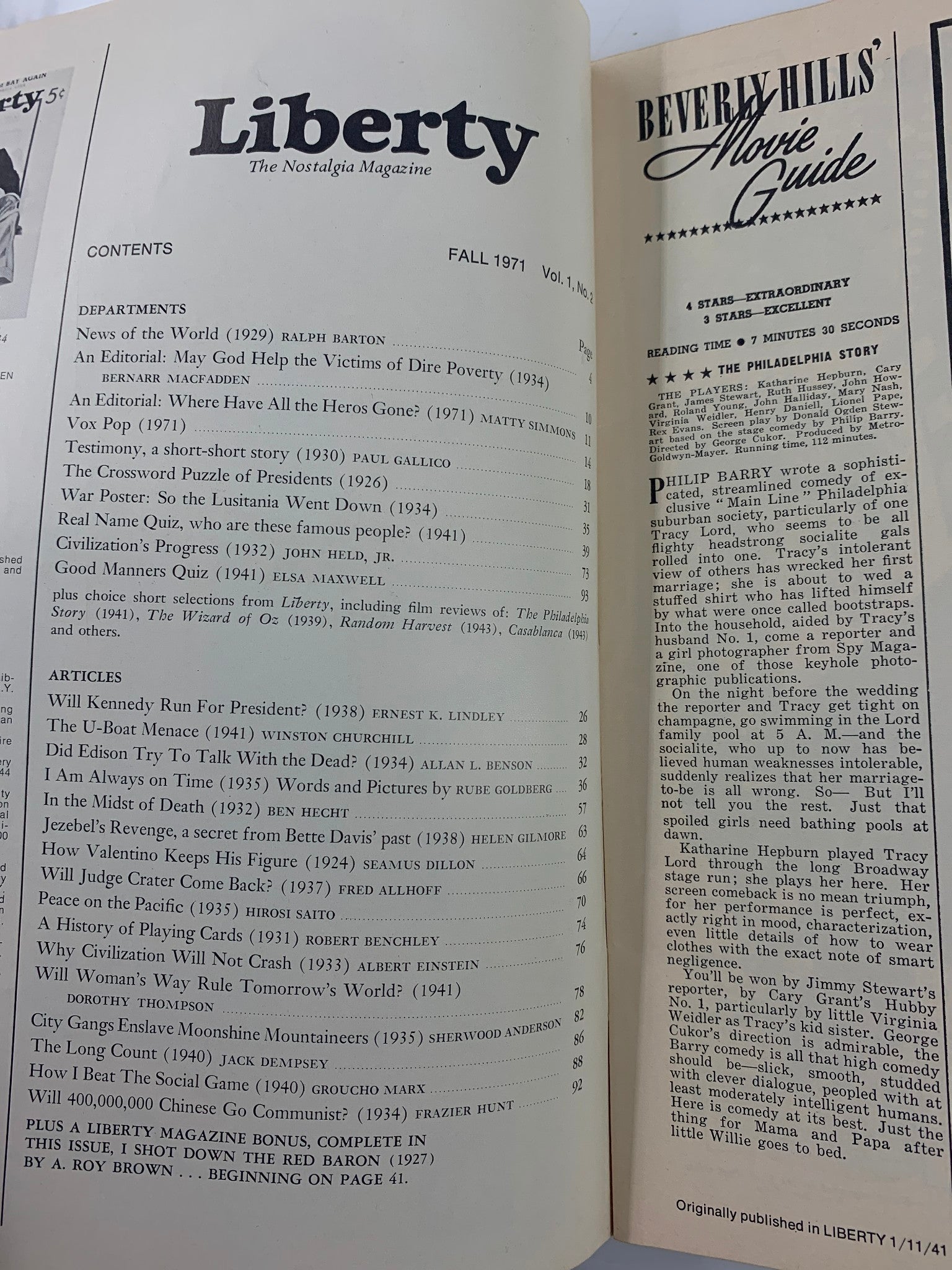 Interior page of VTG Liberty Magazine Fall 1971 featuring contents list, articles including Winston Churchill's "The U-Boat Menace," and editorial pieces from various authors. A glimpse into the historical publications of the era.