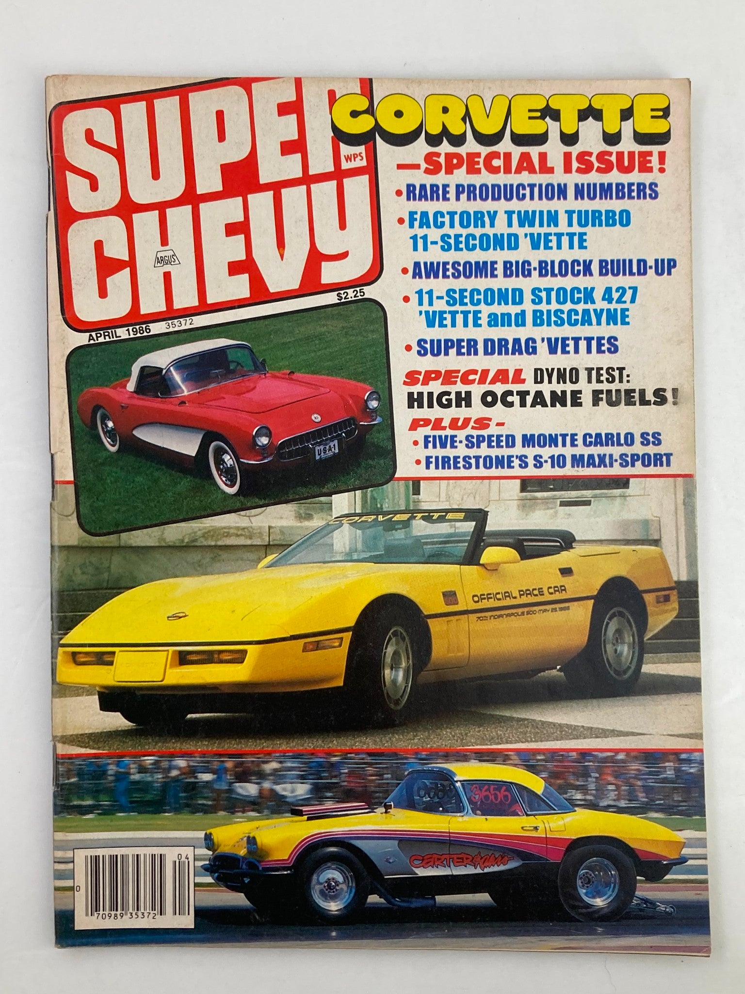 Cover of VTG Super Chevy Magazine April 1986 Vol 15 #4, featuring classic Chevy cars including a red Corvette and a yellow Corvette, with highlights on rare production numbers, factory twin turbo, and the Firestone S-10 Maxi Sport.