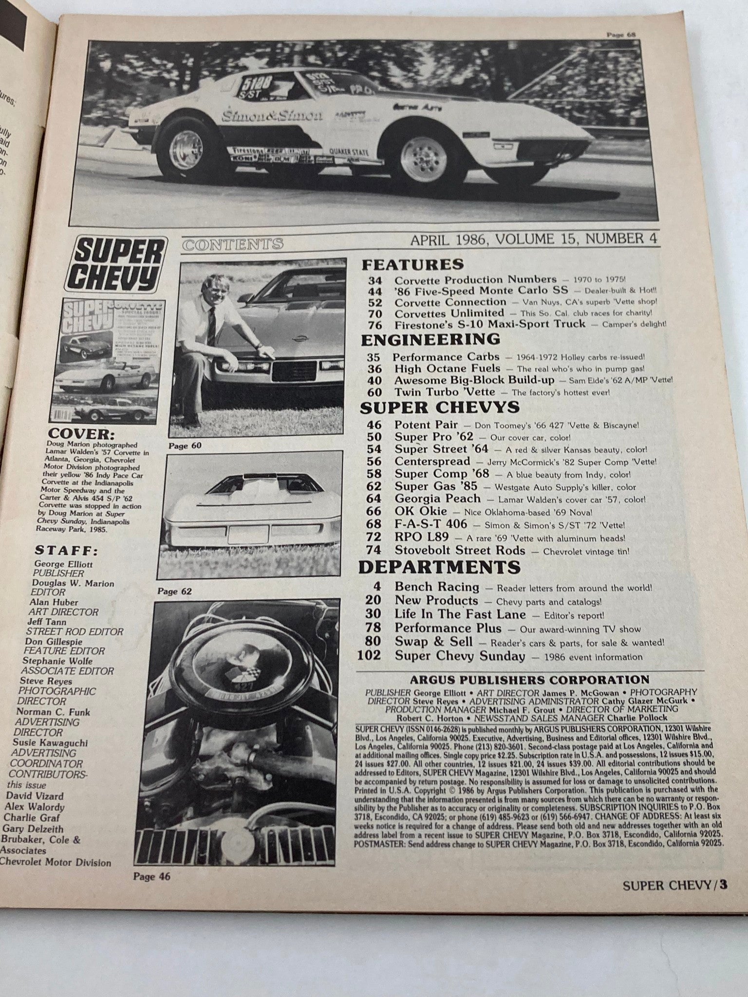 Contents page of VTG Super Chevy Magazine April 1986 Vol 15 #4 featuring headlines like 'Firestone's S-10 Maxi Sport' and various articles on Chevrolet vehicles and engineering.