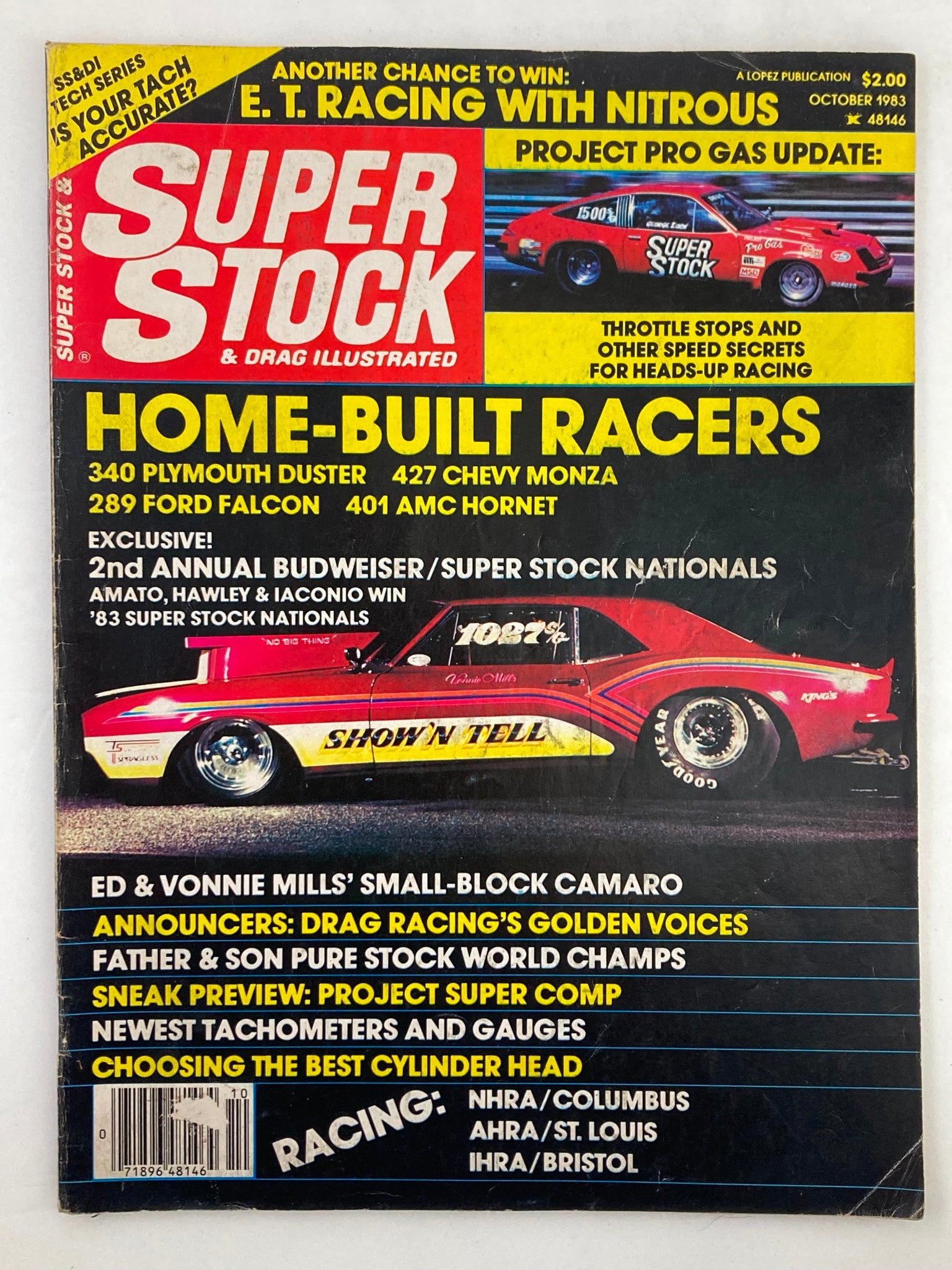 Cover of Superstock Magazine October 1983, Vol 19 #9 featuring Ed & Vonnie Mills' Camaro, highlighting drag racing culture and home-built racers.