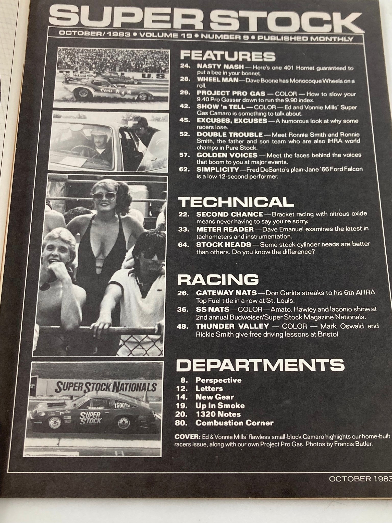 Cover page of VTG Superstock Magazine October 1983, Volume 19, Number 9, featuring Ed & Vonnie's Camaro, showcasing highlights from the issue including automotive features, technical articles, and racing insights.