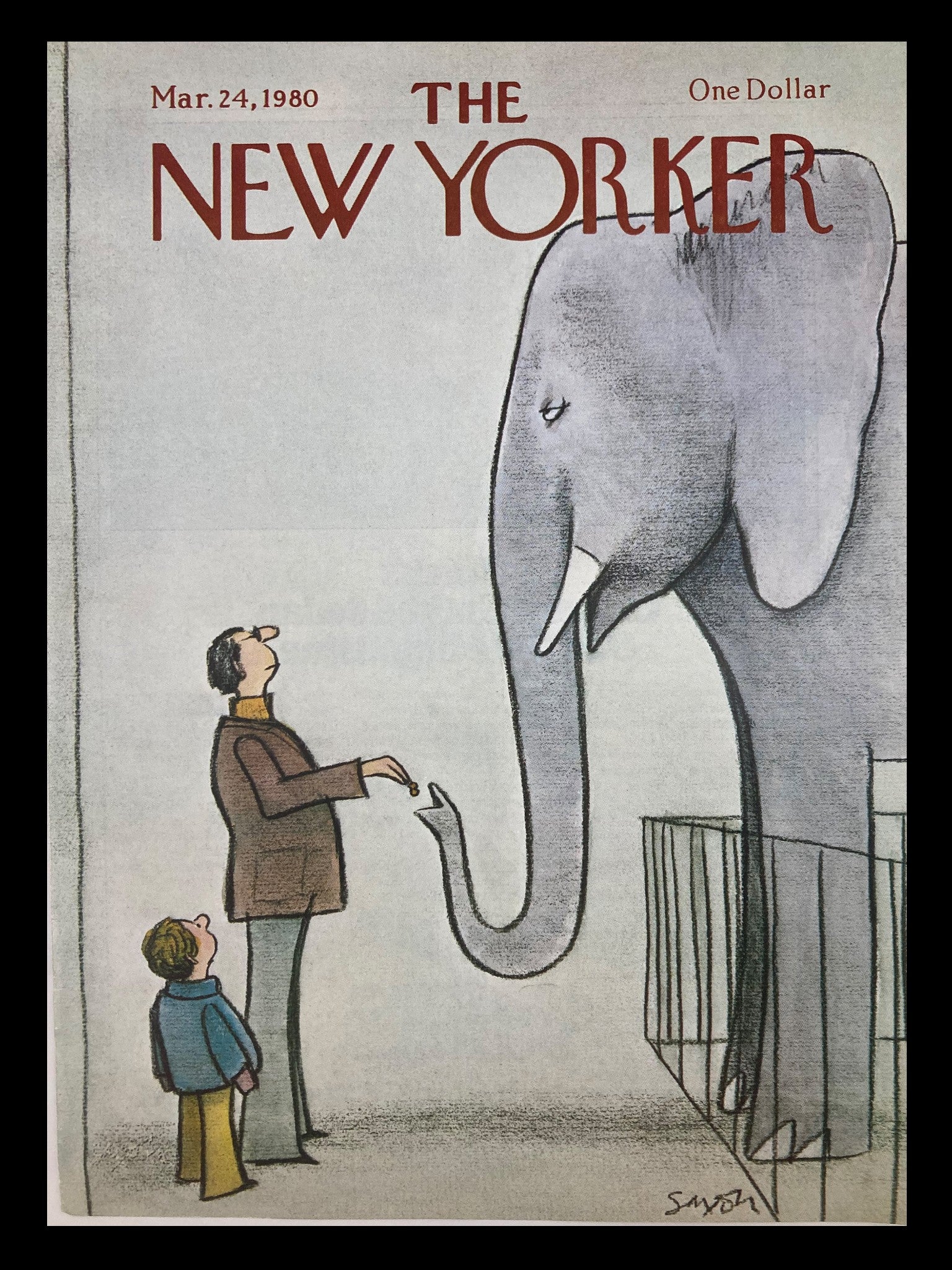 COVER ONLY The New Yorker March 24 1980 Feeding Elephant by Charles Saxon