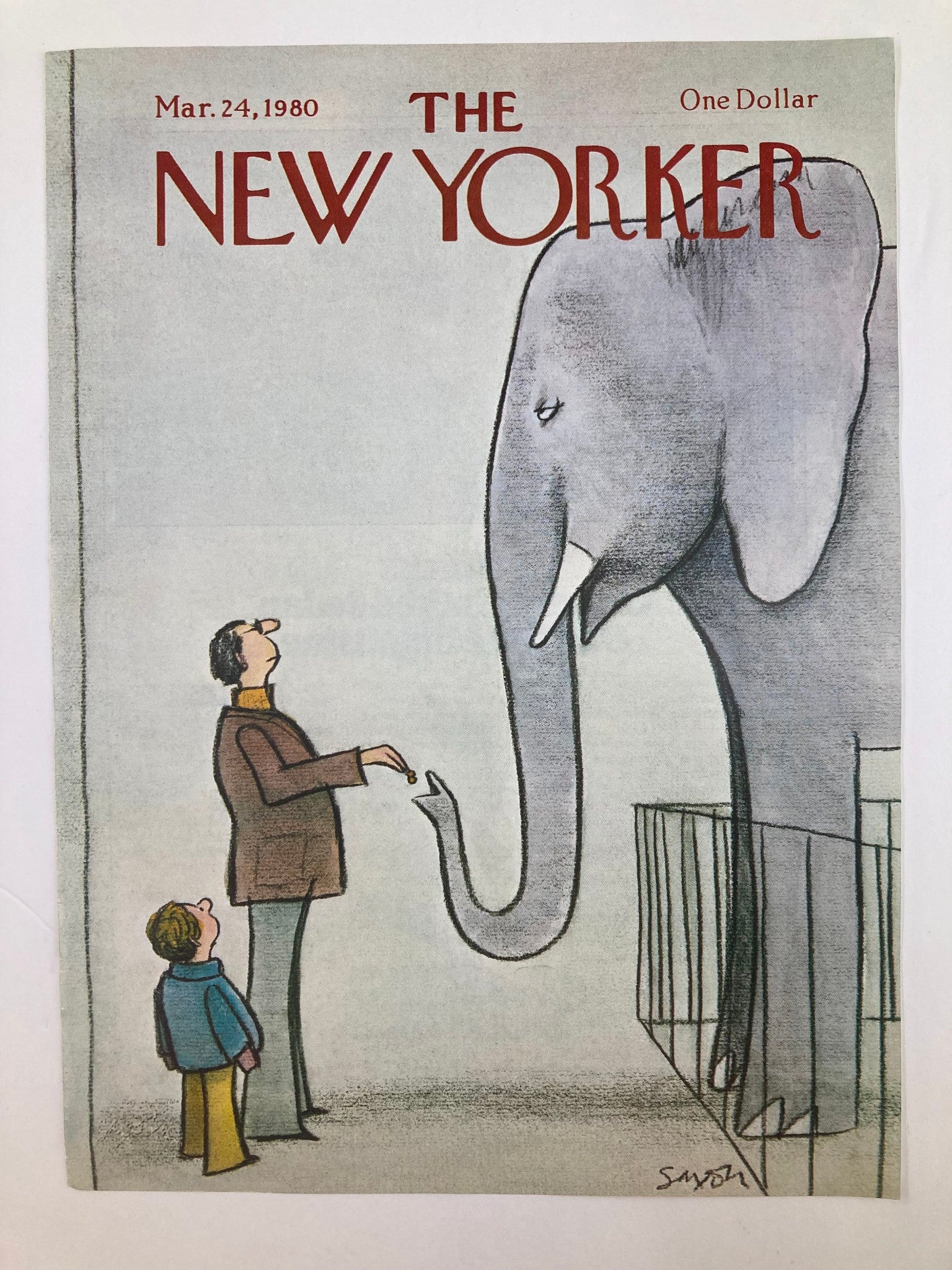 COVER ONLY The New Yorker March 24 1980 Feeding Elephant by Charles Saxon