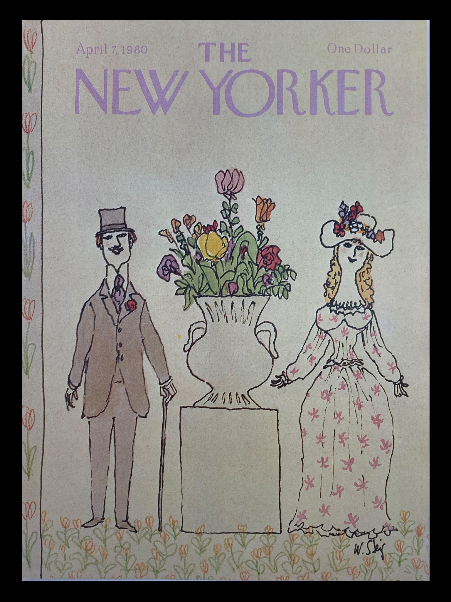 Cover of The New Yorker, April 7, 1980, titled 'The Flower Vase' by William Steig, featuring illustrated characters and a decorative flower vase.