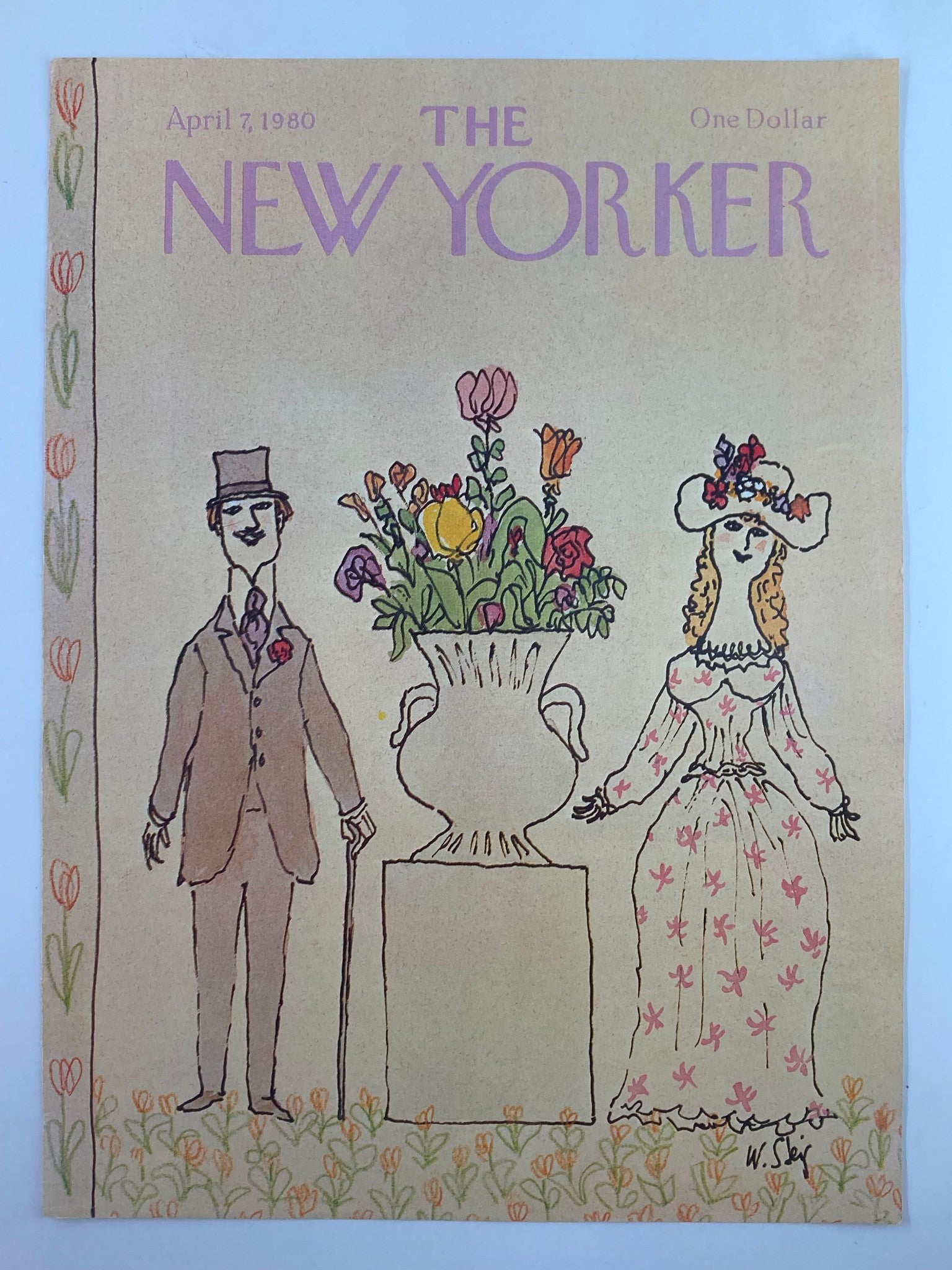 Cover of The New Yorker, April 7, 1980, titled 'The Flower Vase' by William Steig, showcasing whimsical characters and a vibrant floral arrangement.