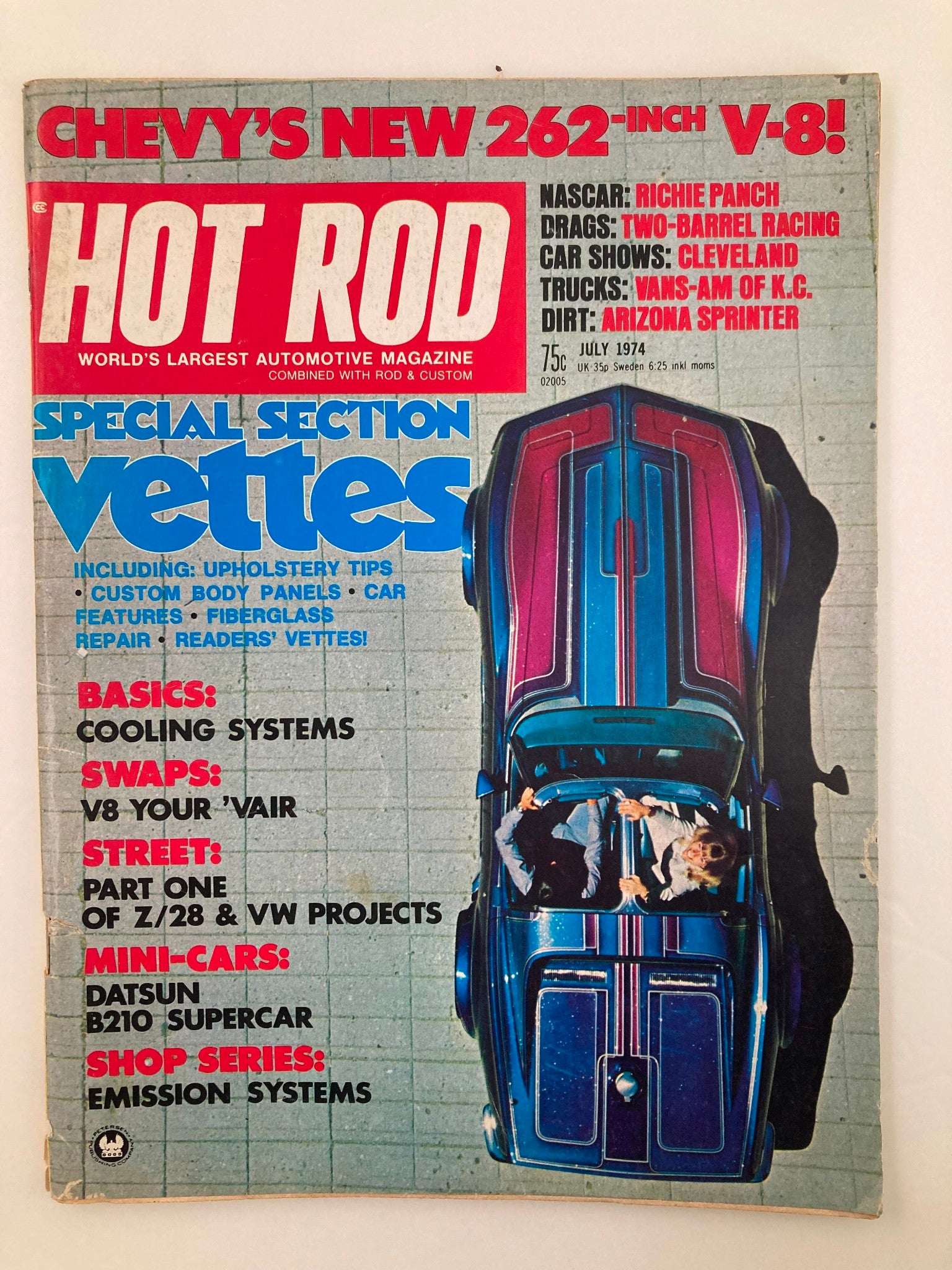 Cover of VTG Hot Rod Magazine July 1974, Volume 27, Issue 7 featuring NASCAR driver Richie Panch, showcasing a vibrant blue car and various automotive topics including V8 engines and Corvette features.
