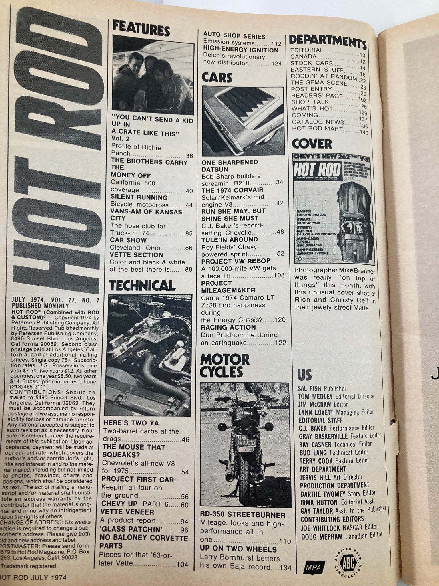 Contents page of VTG Hot Rod Magazine July 1974, Volume 27, Issue 7, listing articles about cars, motorcycle features, and technical insights related to automotive culture, including topics on racing and car modifications.