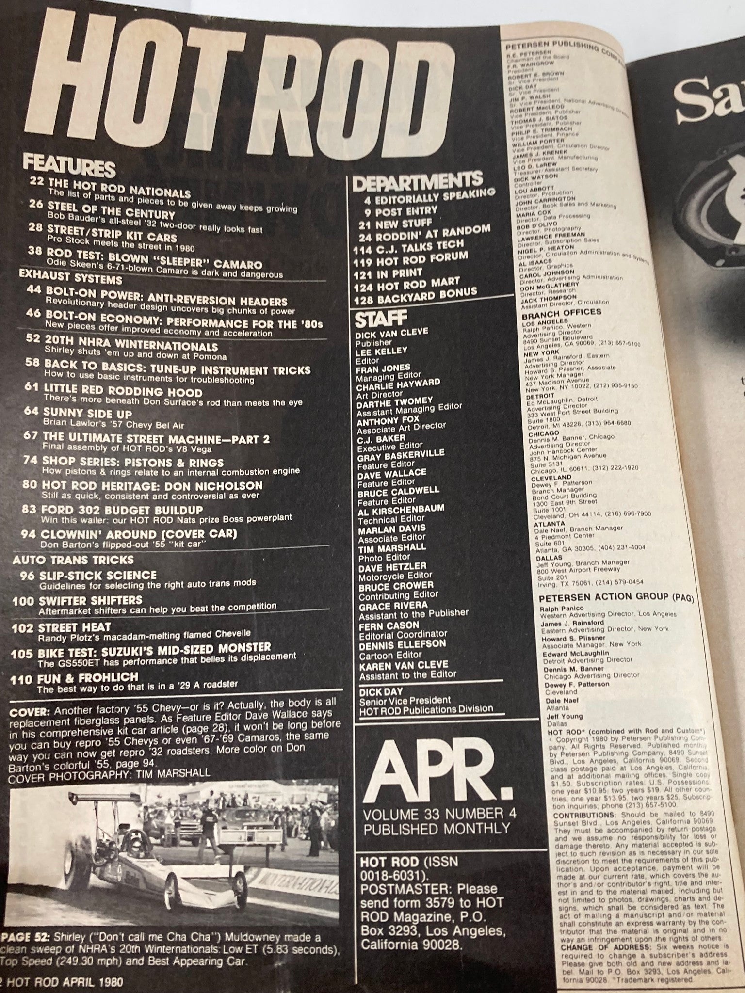 Interior page of VTG Hot Rod Magazine April 1980 Vol 33 #4 How To Use Tune-Up Instruments featuring contents and automotive articles.