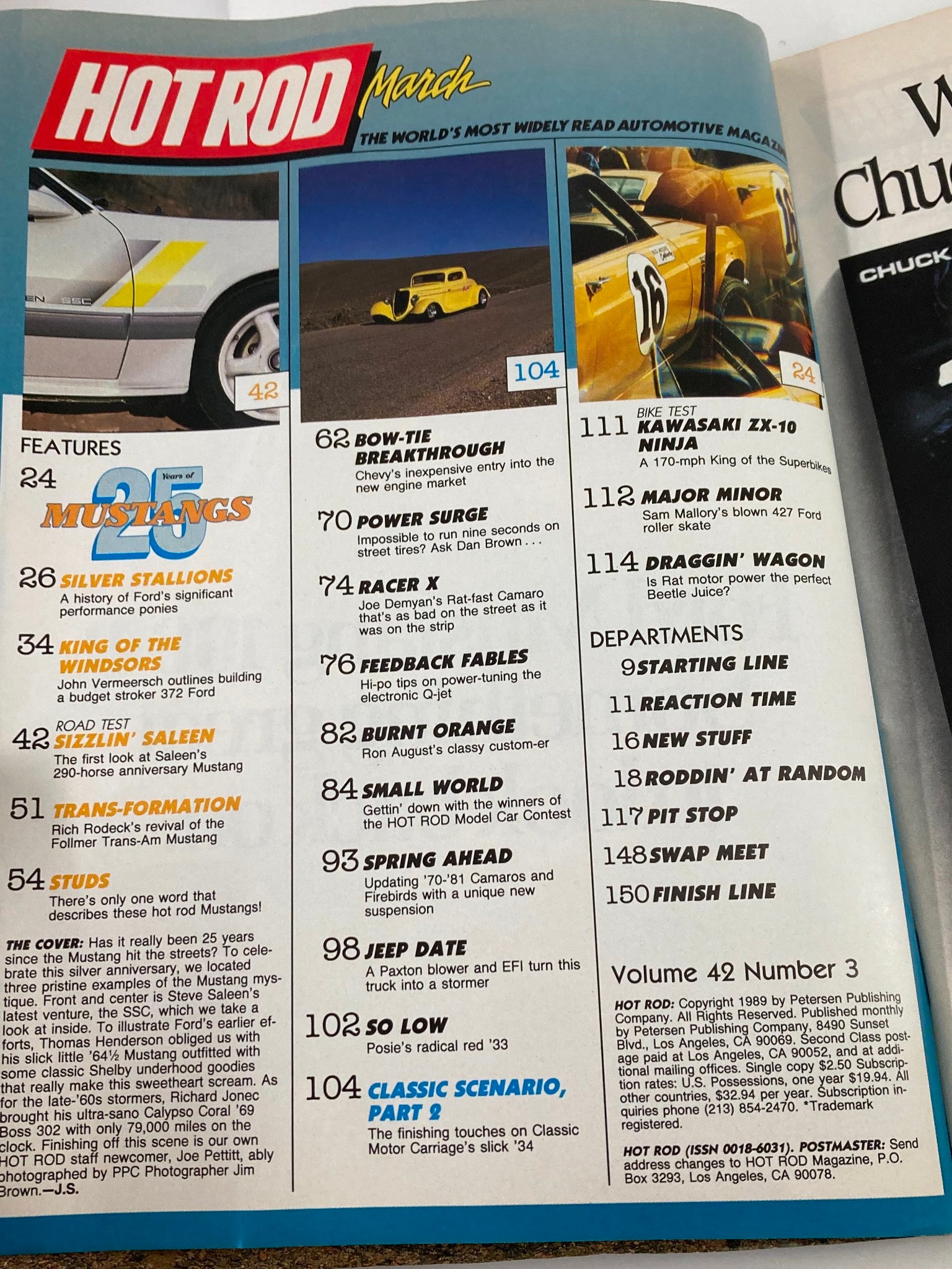 Inside page of Hot Rod Magazine March 1989 Vol 42 #3 showcasing table of contents with features on Mustangs and other performance vehicles.