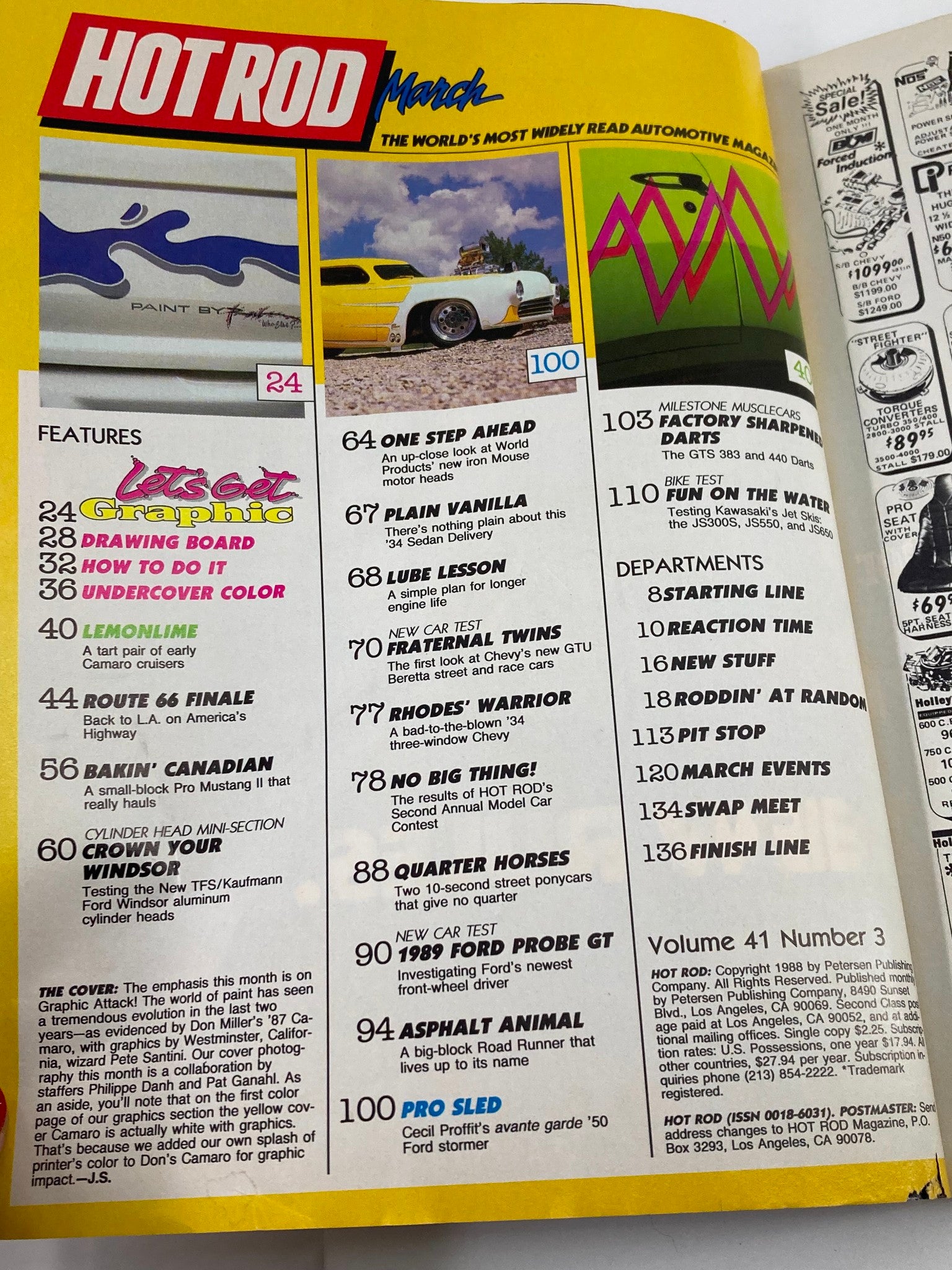 Interior page of VTG Hot Rod Magazine March 1988 Vol 41 #3, featuring contents and highlights of articles about Don Miller's '87 Camaro and other automotive topics.