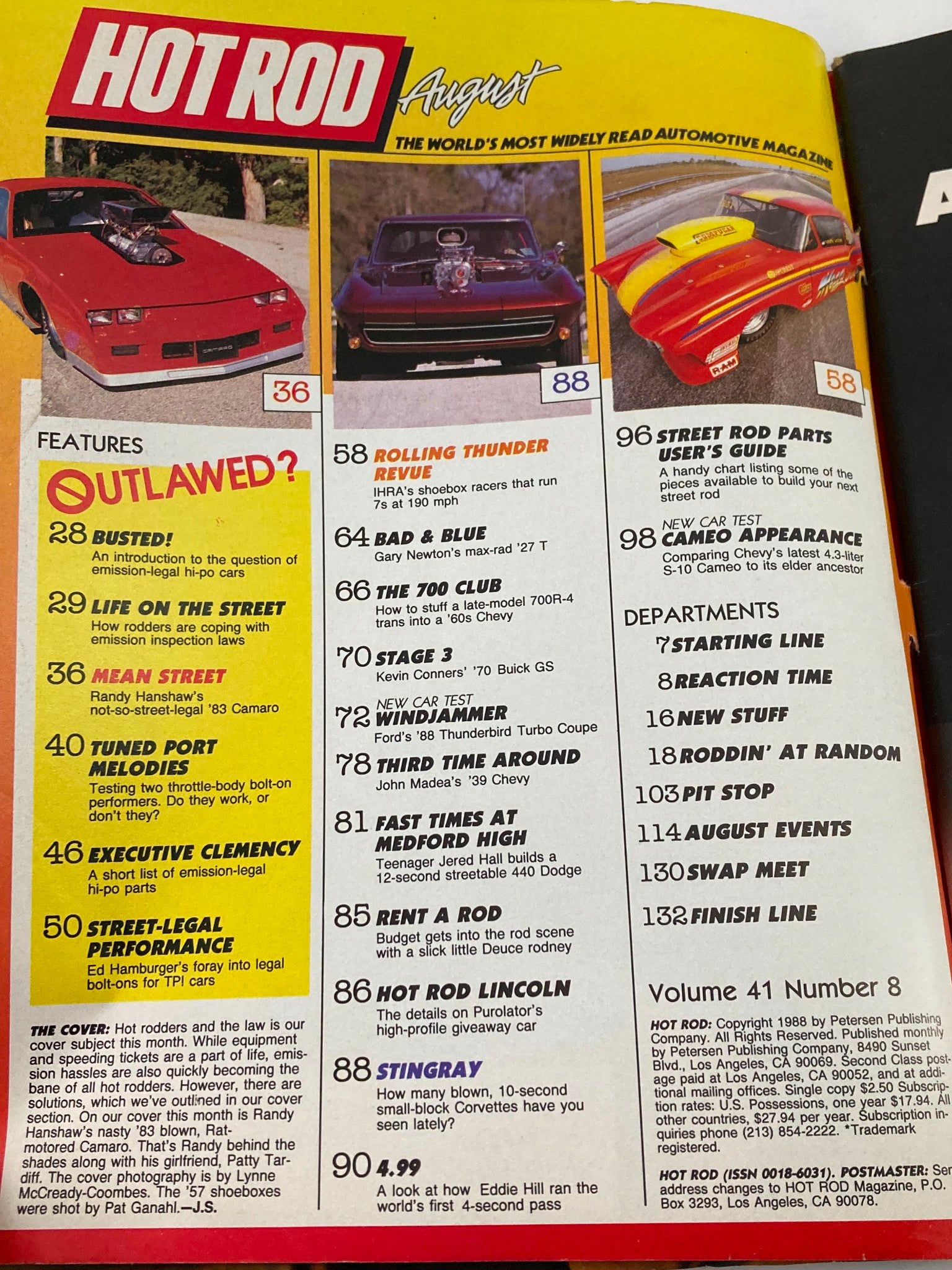 Inside page of Hot Rod Magazine August 1988 Vol 41 #8 featuring articles and features related to automotive performance and modifications.