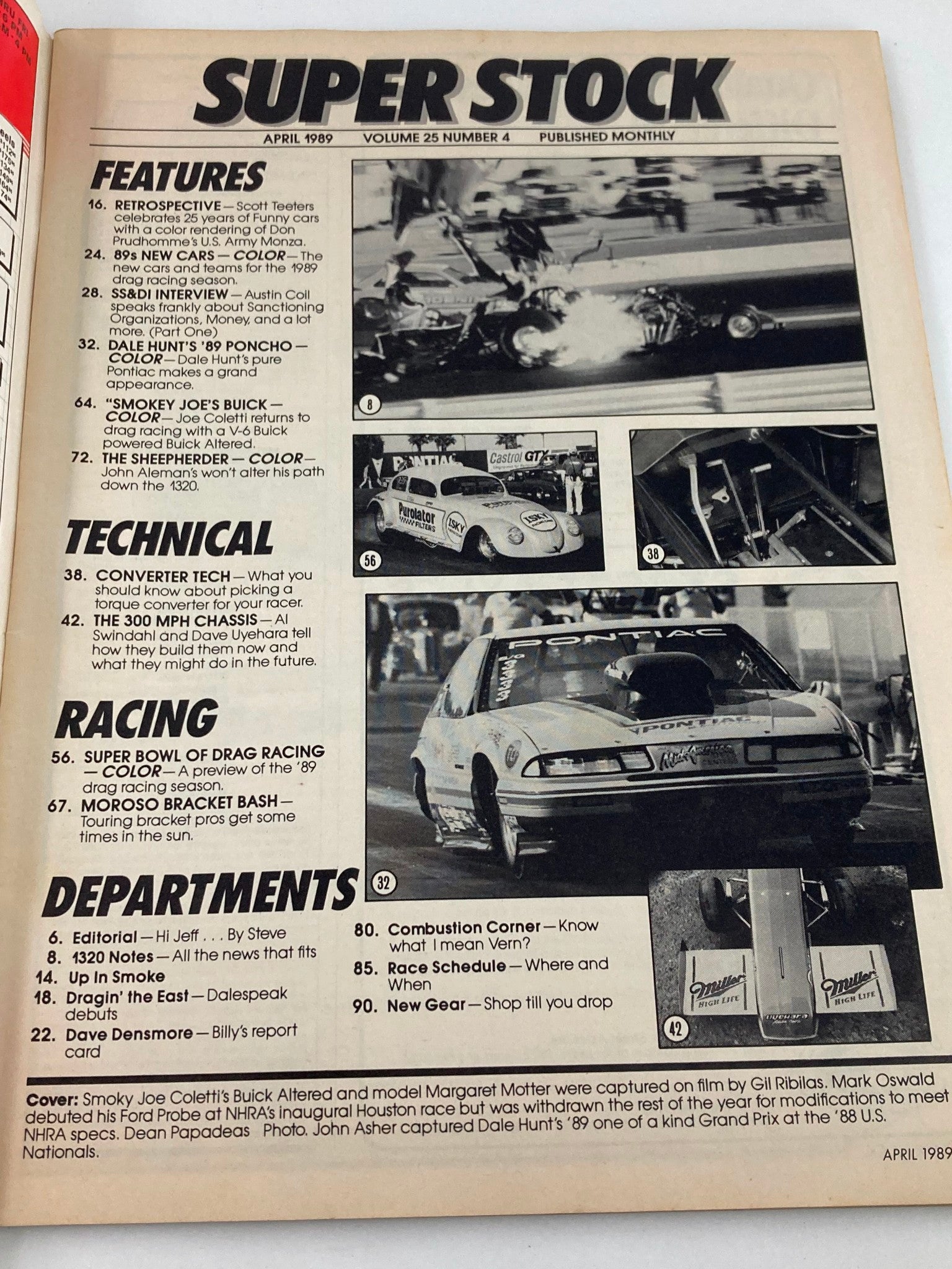 Super Stock Magazine April 1989 Vol 25 #4 featuring Joe Coletti's Buick Altered. The image displays the contents page showcasing various features, technical articles, and race updates related to drag racing. This collectible magazine captures a vibrant era in automotive history.